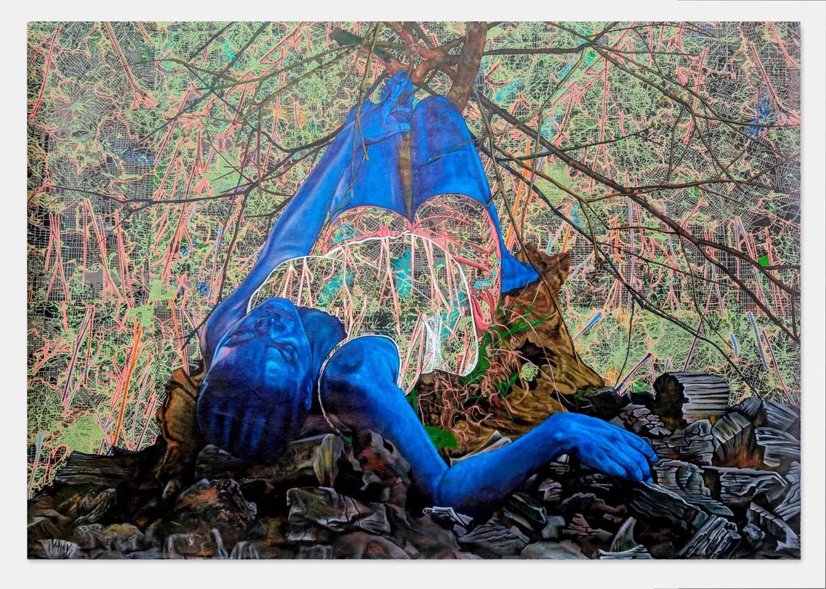 A painting of a blue figure lying in dark rubble, entangled in tree roots, against an abstract background of glowing green and pink lines.