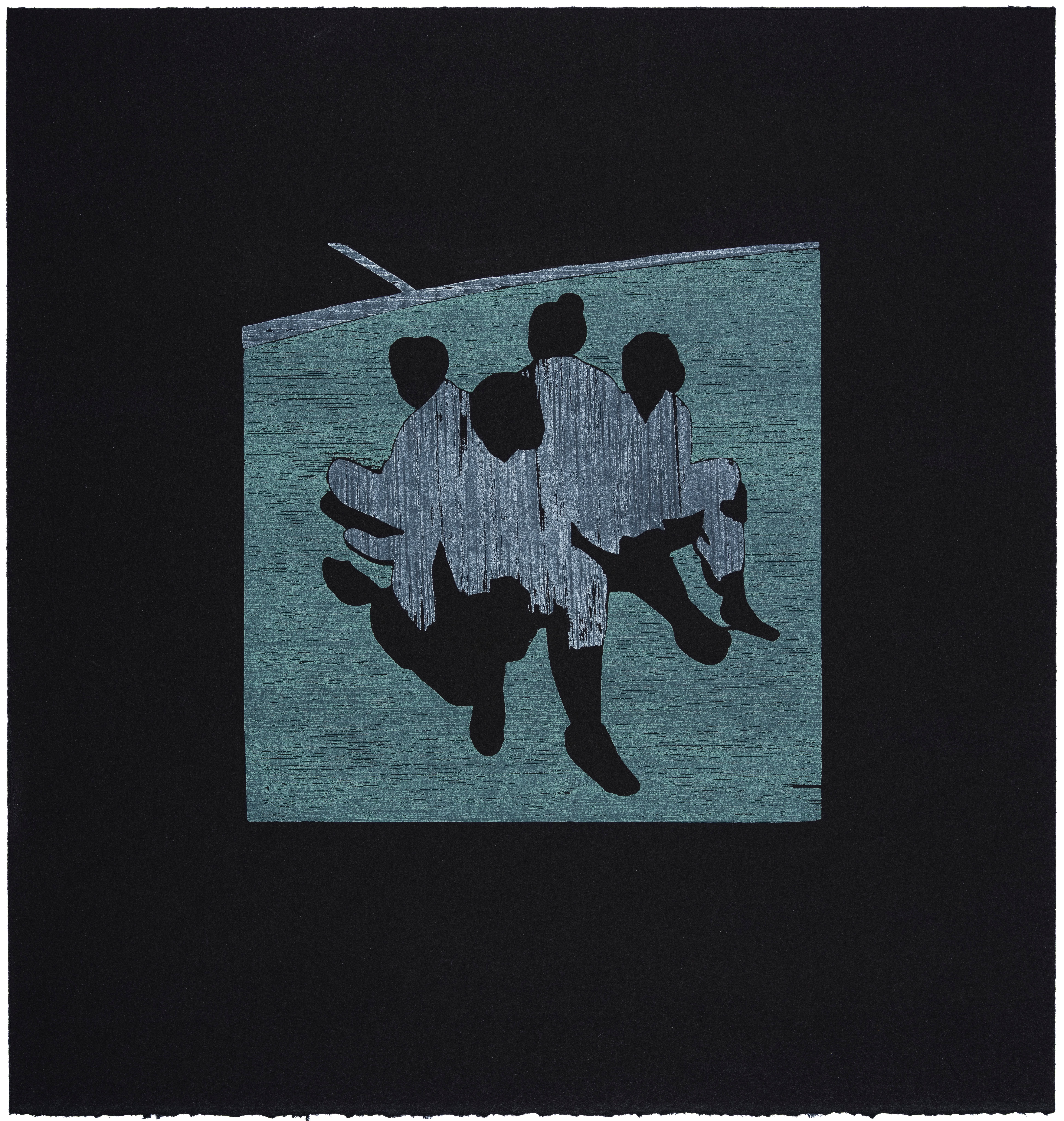 Stylized image of four light gray figures with dark shadows, grouped on a tilted teal rectangle against a black background.
