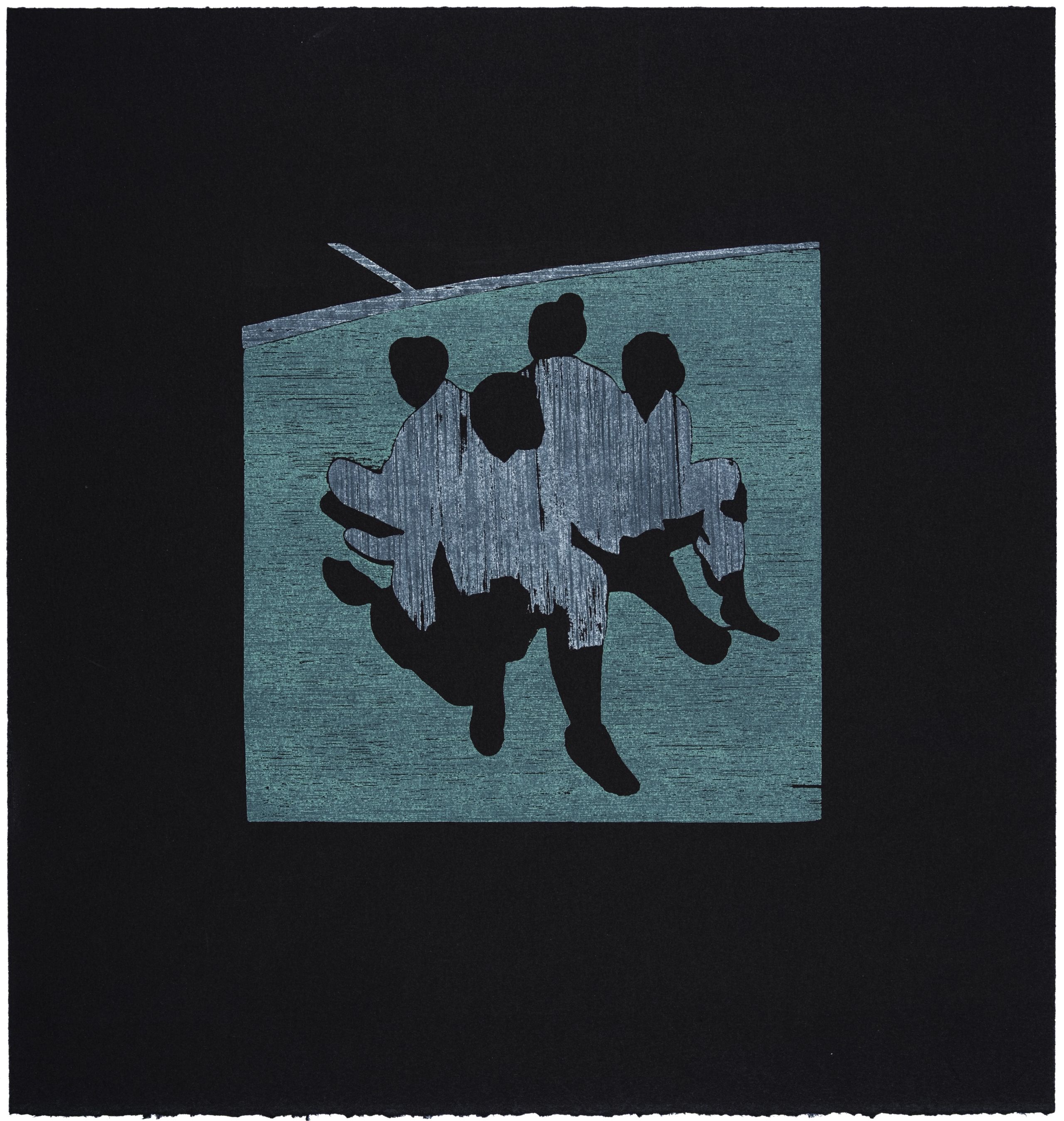 Stylized image of four light gray figures with dark shadows, grouped on a tilted teal rectangle against a black background.
