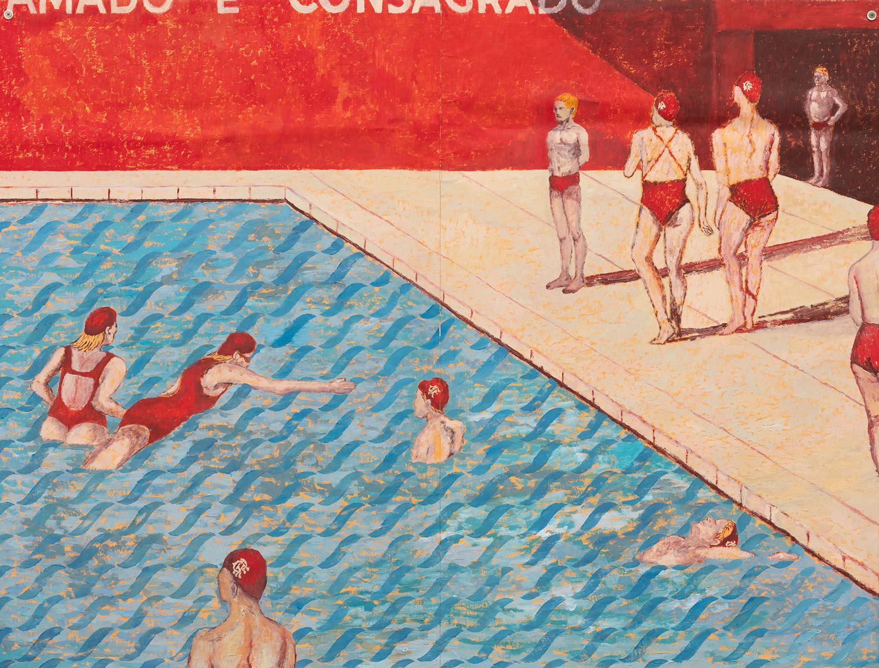 Painting of a swimming pool with swimmers in red swimsuits and caps, some in the blue patterned water, some on the deck, under a red background with white text.
