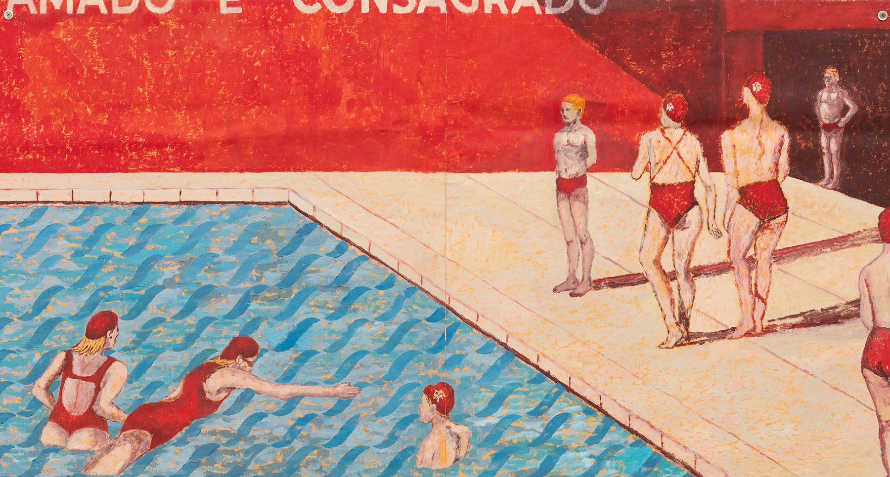 Painting of a swimming pool with swimmers in red swimsuits and caps, some in the blue patterned water, some on the deck, under a red background with white text.
