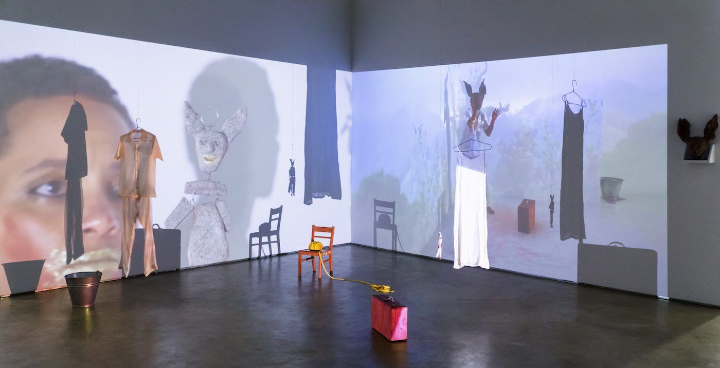 Installation shoot at Nairobi Contemporary Art Institute. Work by Syowia Kyambi, Kaspale’s Play-ground, Multiple channel video installation / performance, 2023. Photo by Kibe Wangunyu