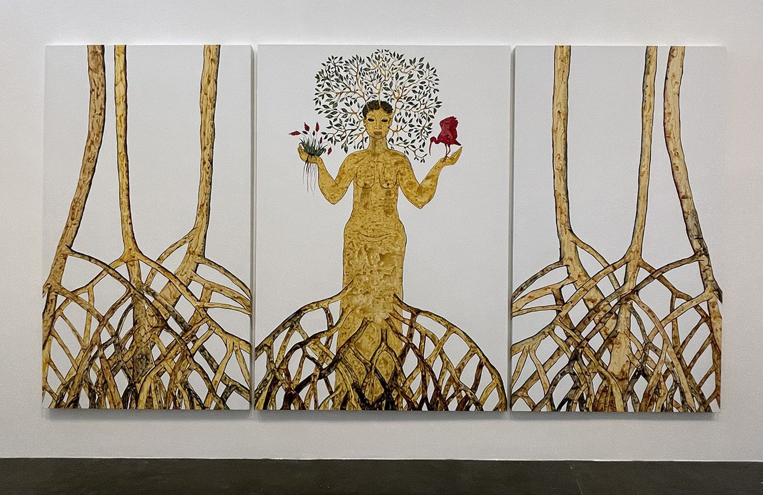 Rosana Paulino, from the series Mangrove, Scarlet ibis, 2023. Graphite, acrylic and natural pigment on canvas. Courtesy: Mendes Wood DM and Rosana Paulino