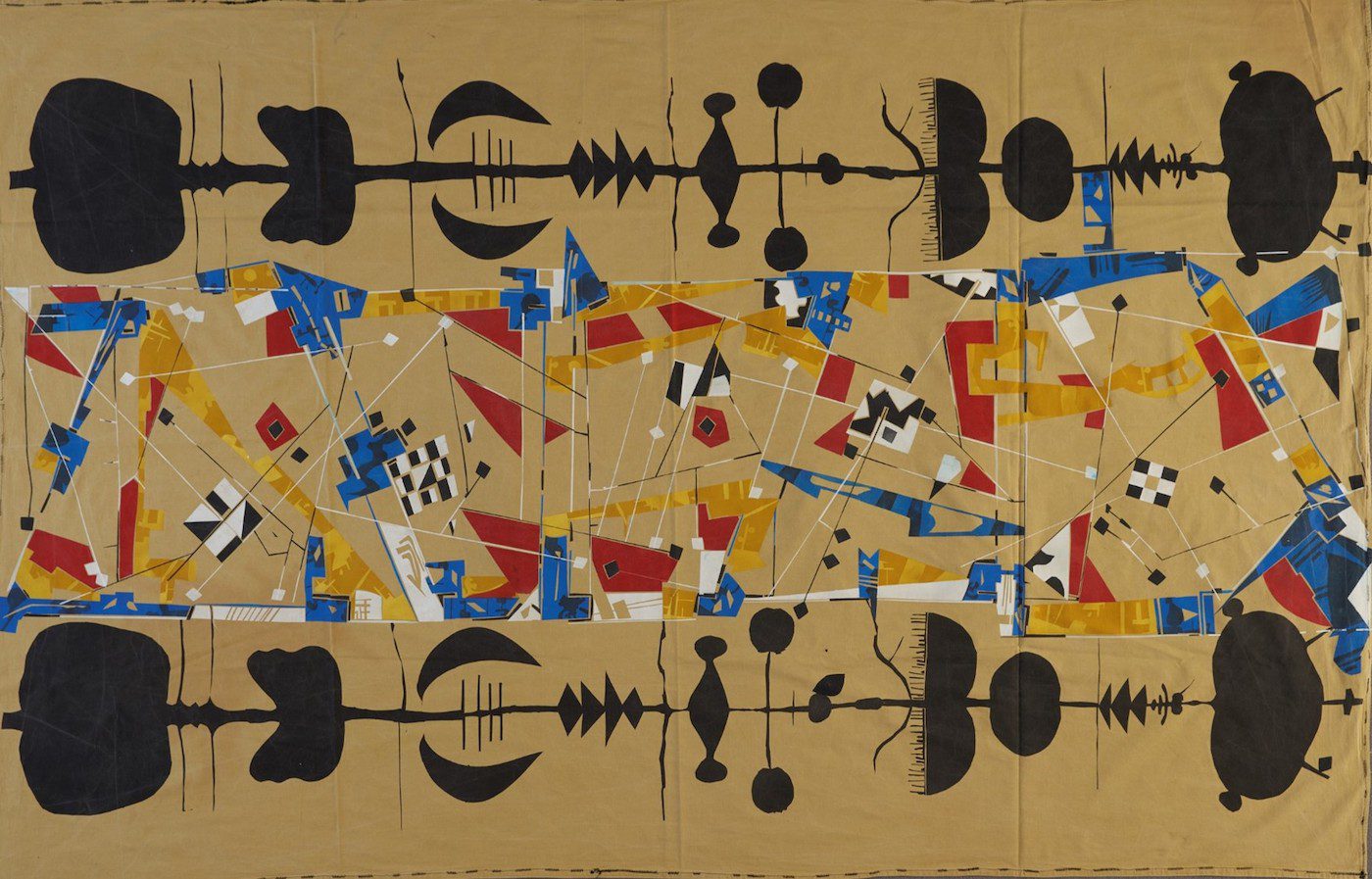 Zénati seamlessly combined inspirational material that cuts across and blends different cultures, art movements, techniques and mediums.
Hamid Zénati, Untitled, undated, fabric paint on textile, 232 x 149 cm. Courtesy Hamid Zénati Estate; Photo: Maximilian Geuter.