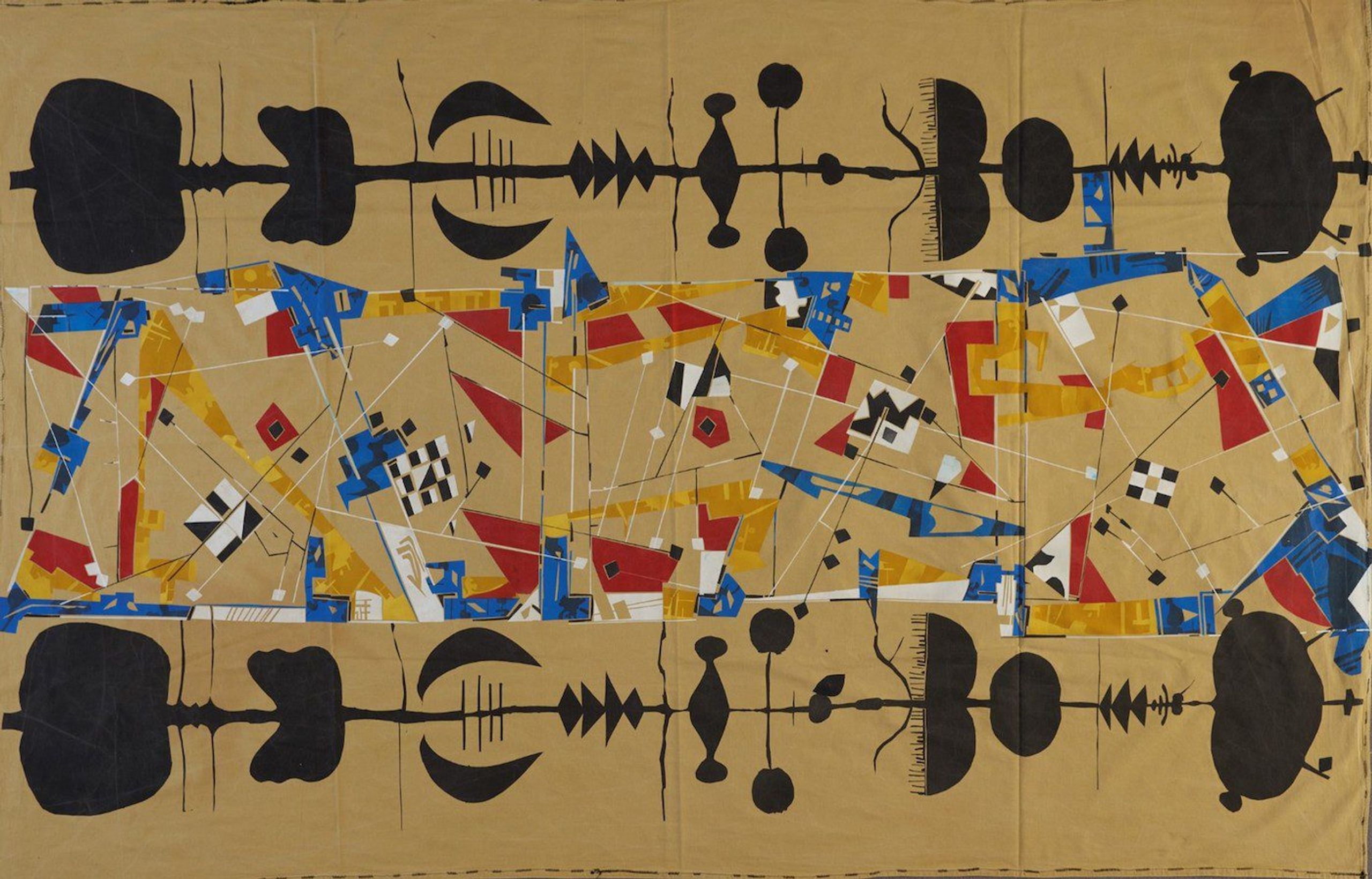 Zénati seamlessly combined inspirational material that cuts across and blends different cultures, art movements, techniques and mediums.
Hamid Zénati, Untitled, undated, fabric paint on textile, 232 x 149 cm. Courtesy Hamid Zénati Estate; Photo: Maximilian Geuter.