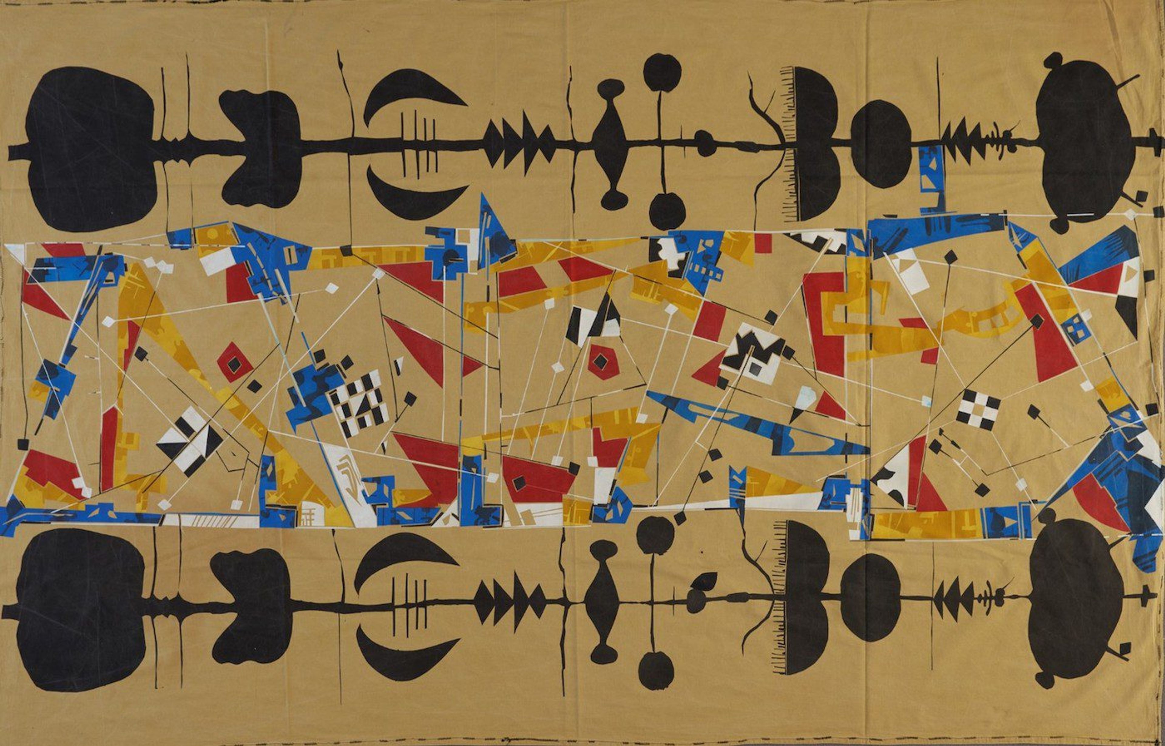 Zénati seamlessly combined inspirational material that cuts across and blends different cultures, art movements, techniques and mediums.
Hamid Zénati, Untitled, undated, fabric paint on textile, 232 x 149 cm. Courtesy Hamid Zénati Estate; Photo: Maximilian Geuter.