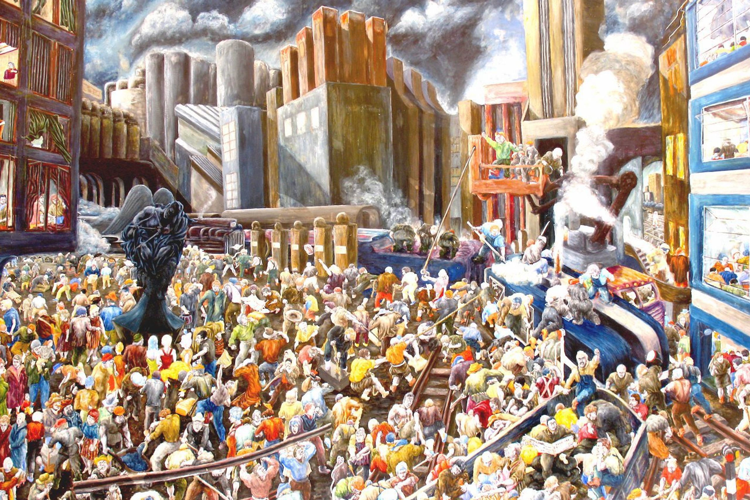 Painting of a chaotic, teeming crowd in an industrial cityscape.