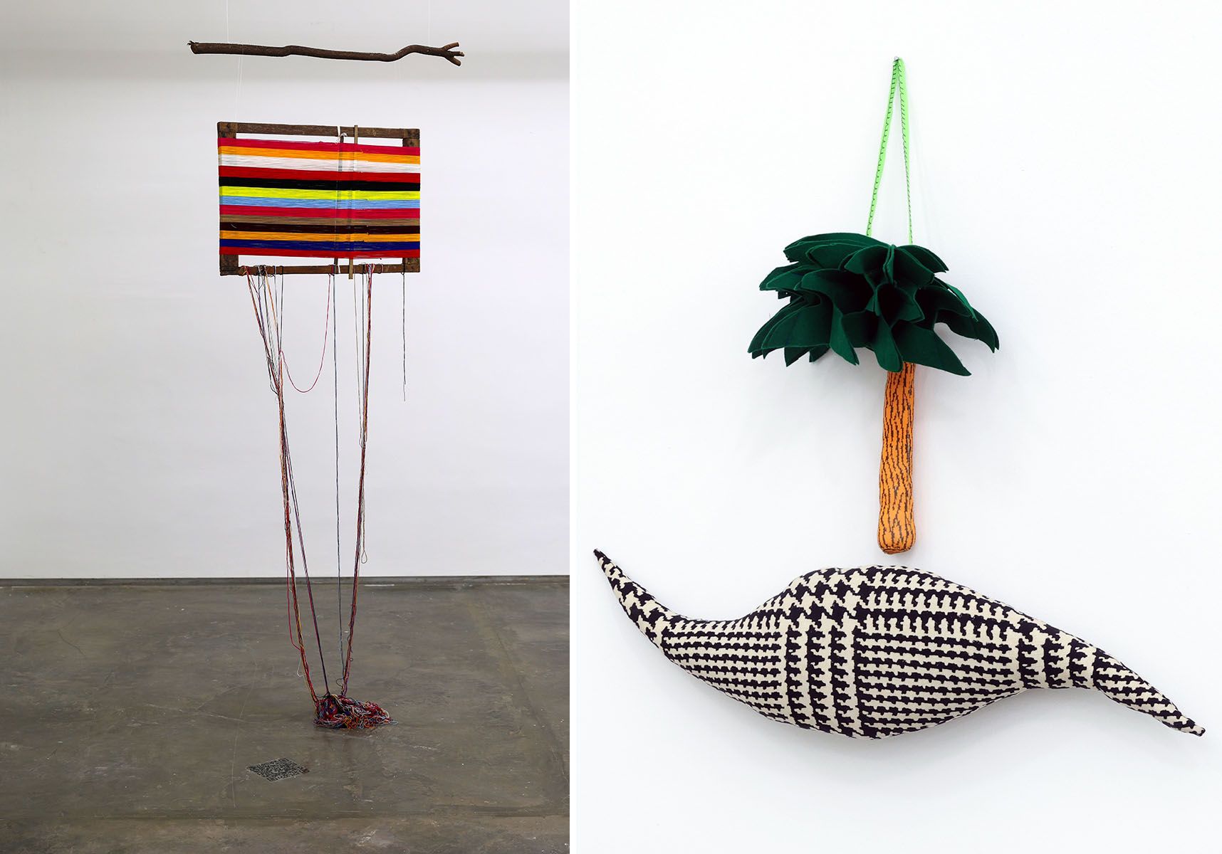Left: George Lavarca: Puerto sin trocha (2023). Wooden loom, threads. Photographer: Leonardo Martínez Hlawacz. Right: Clemencia Labin: La Isla Bonita (2020). Sculpture made of different fabrics filled with polyester cotton. Courtesy of PLATABANDA.
