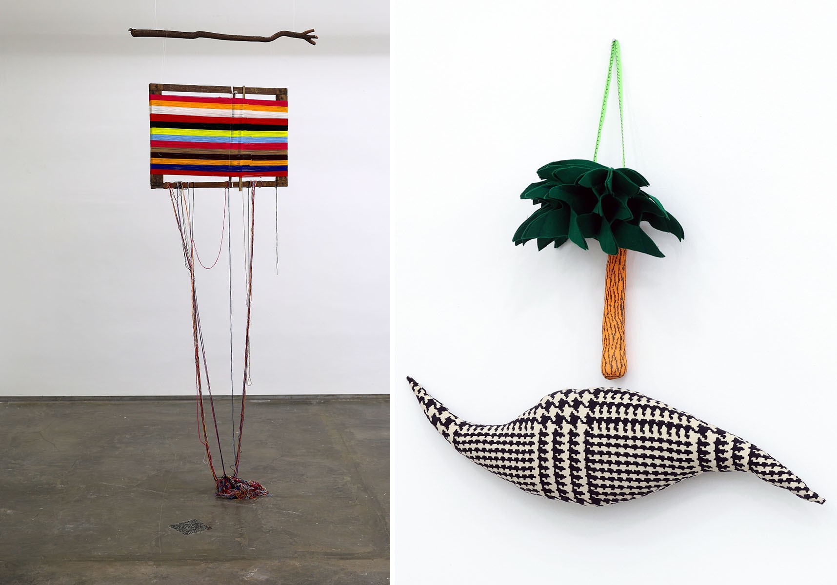 Left: George Lavarca: Puerto sin trocha (2023). Wooden loom, threads. Photographer: Leonardo Martínez Hlawacz. Right: Clemencia Labin: La Isla Bonita (2020). Sculpture made of different fabrics filled with polyester cotton. Courtesy of PLATABANDA.