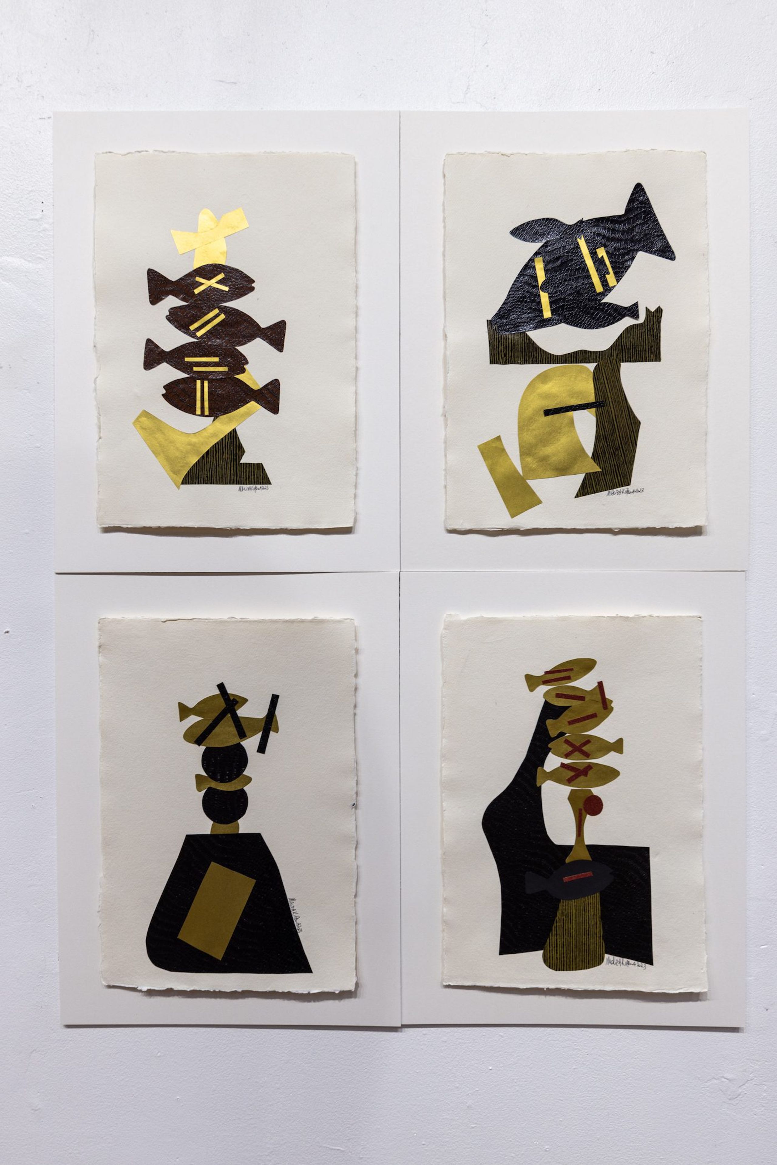 Installation View, Maliza Kiasuwa "Art as a weapon". Courtesy Morton Fine Art. Photo credit: Jarrett Hendrix Featuring. Counter clockwise, starting from the top left: Talisman 1, 202316.5 x 12.5 in. Collage on paper; Talisman 3, 202316.5 x 12.5 in. Collage on paper; Talisman 5, 202316.5 x 12.5in. Collage on paper; Talisman 6, 202316.5 x 12.5 in. Collage on paper.