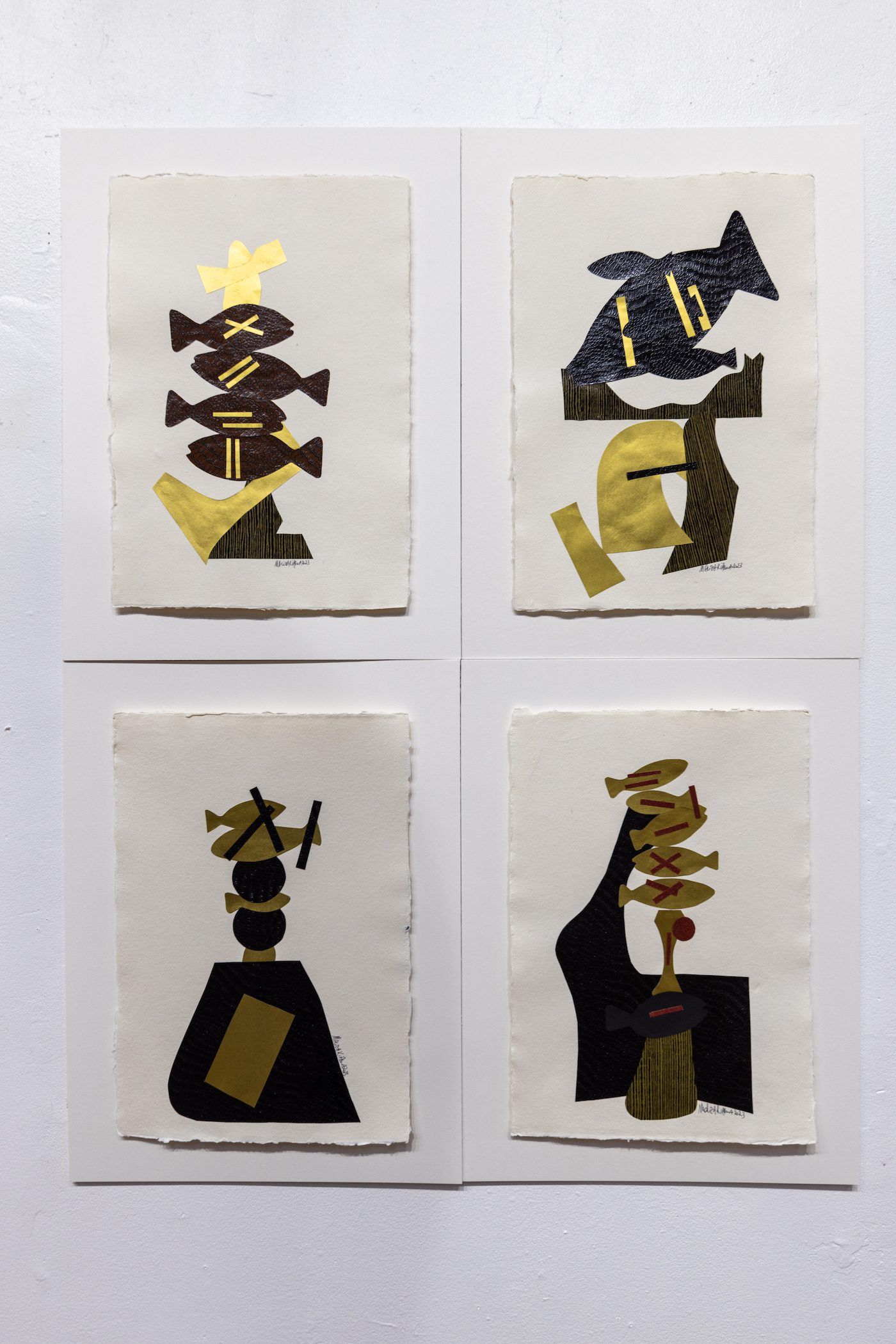 Installation View, Maliza Kiasuwa "Art as a weapon". Courtesy Morton Fine Art. Photo credit: Jarrett Hendrix Featuring. Counter clockwise, starting from the top left: Talisman 1, 202316.5 x 12.5 in. Collage on paper; Talisman 3, 202316.5 x 12.5 in. Collage on paper; Talisman 5, 202316.5 x 12.5in. Collage on paper; Talisman 6, 202316.5 x 12.5 in. Collage on paper.