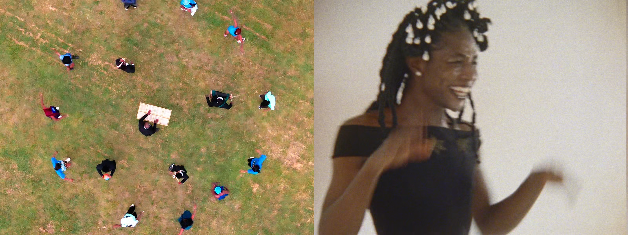 Split image: on the left, an aerial view of people in a circle on grass around a white object; on the right, a person with beaded braids and a black top smiles and gestures.