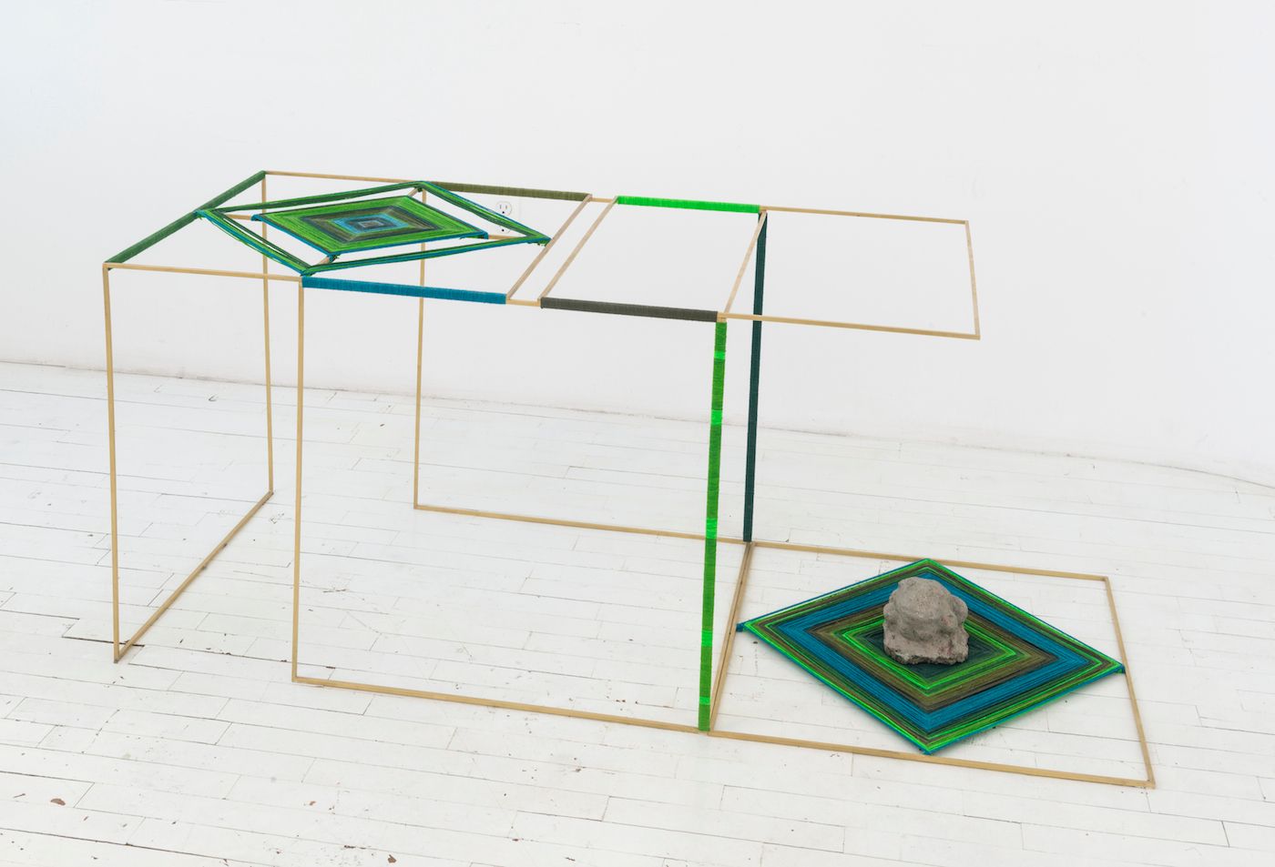 Claudia Peña Salinas, Cueyatl, 2017. Brass, dyed cotton, and concrete frog, 24 ½ x 24 x 61 in. Collection of the artist. Courtesy of the Whitney Museum of American Art, New York.