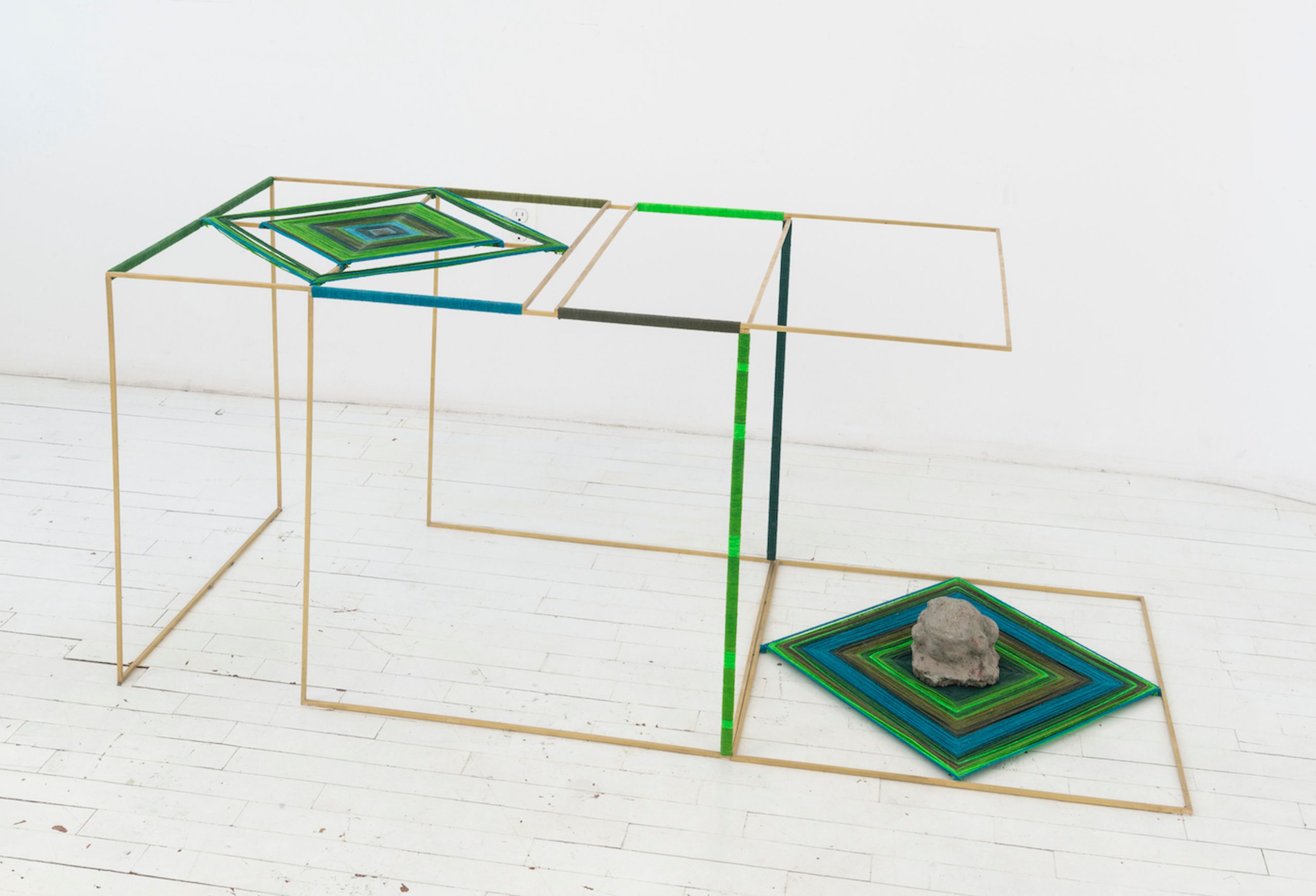Claudia Peña Salinas, Cueyatl, 2017. Brass, dyed cotton, and concrete frog, 24 ½ x 24 x 61 in. Collection of the artist. Courtesy of the Whitney Museum of American Art, New York.