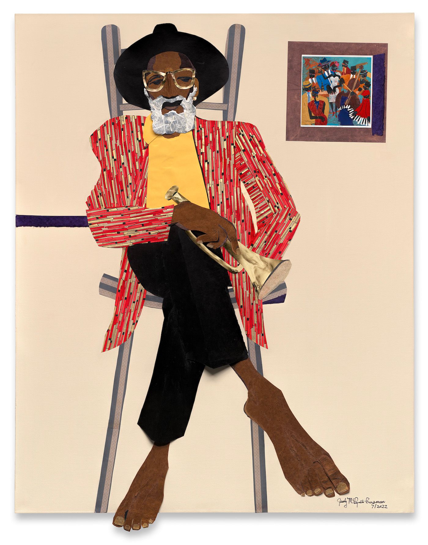 Judy Bowman, Relaxing With Me Blues, 2022. Mixed
media collage on canvas 60 x 48 in 152.4 x 121.9 cm. Image courtesy the artist and Museum of Contemporary Art Detroit.