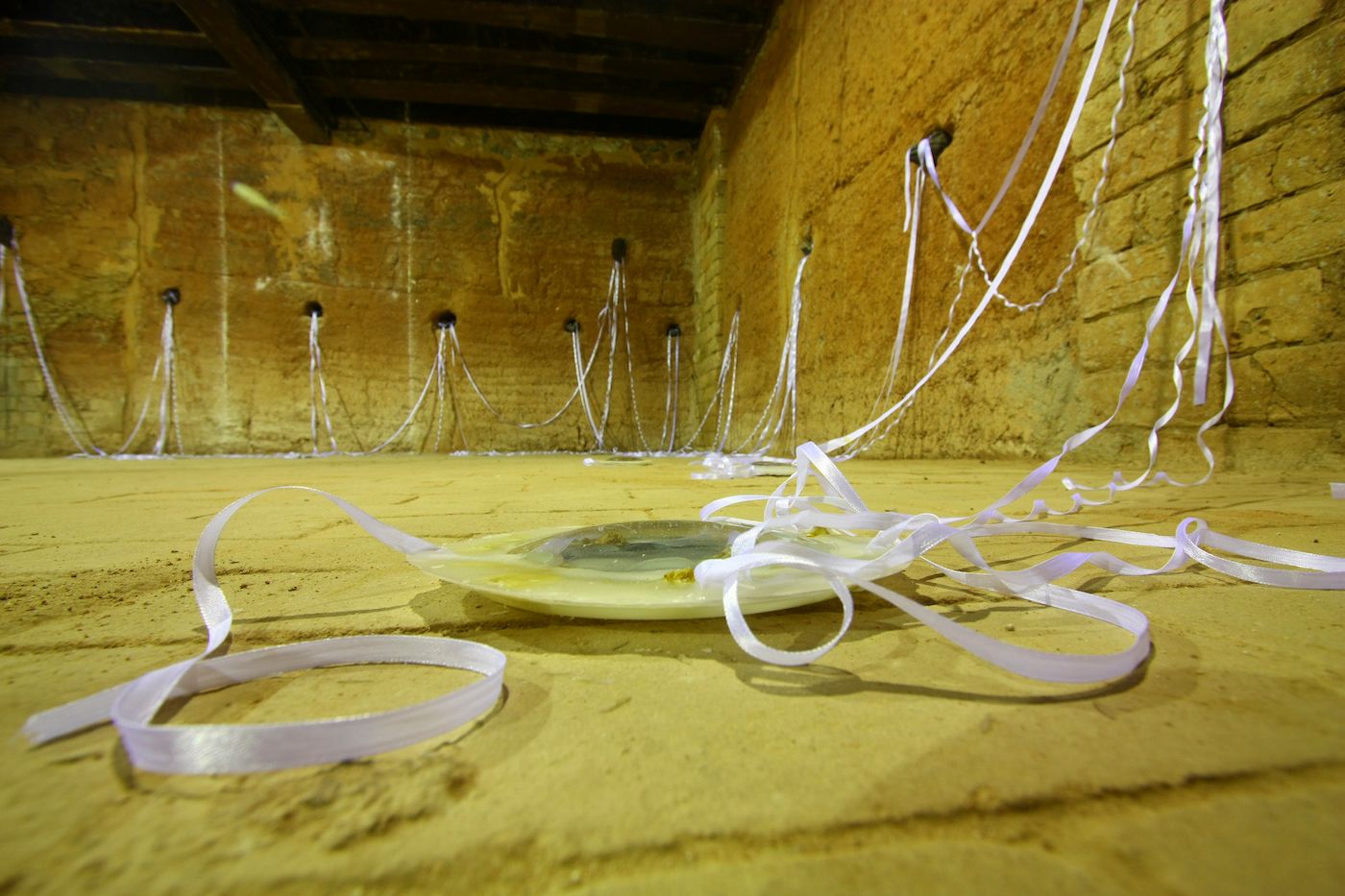 Rosana Paulino, As Amas, 2009. Partial view of the installation. Paraffin, satin ribbon, digital image and flowers. Variable dimension.
