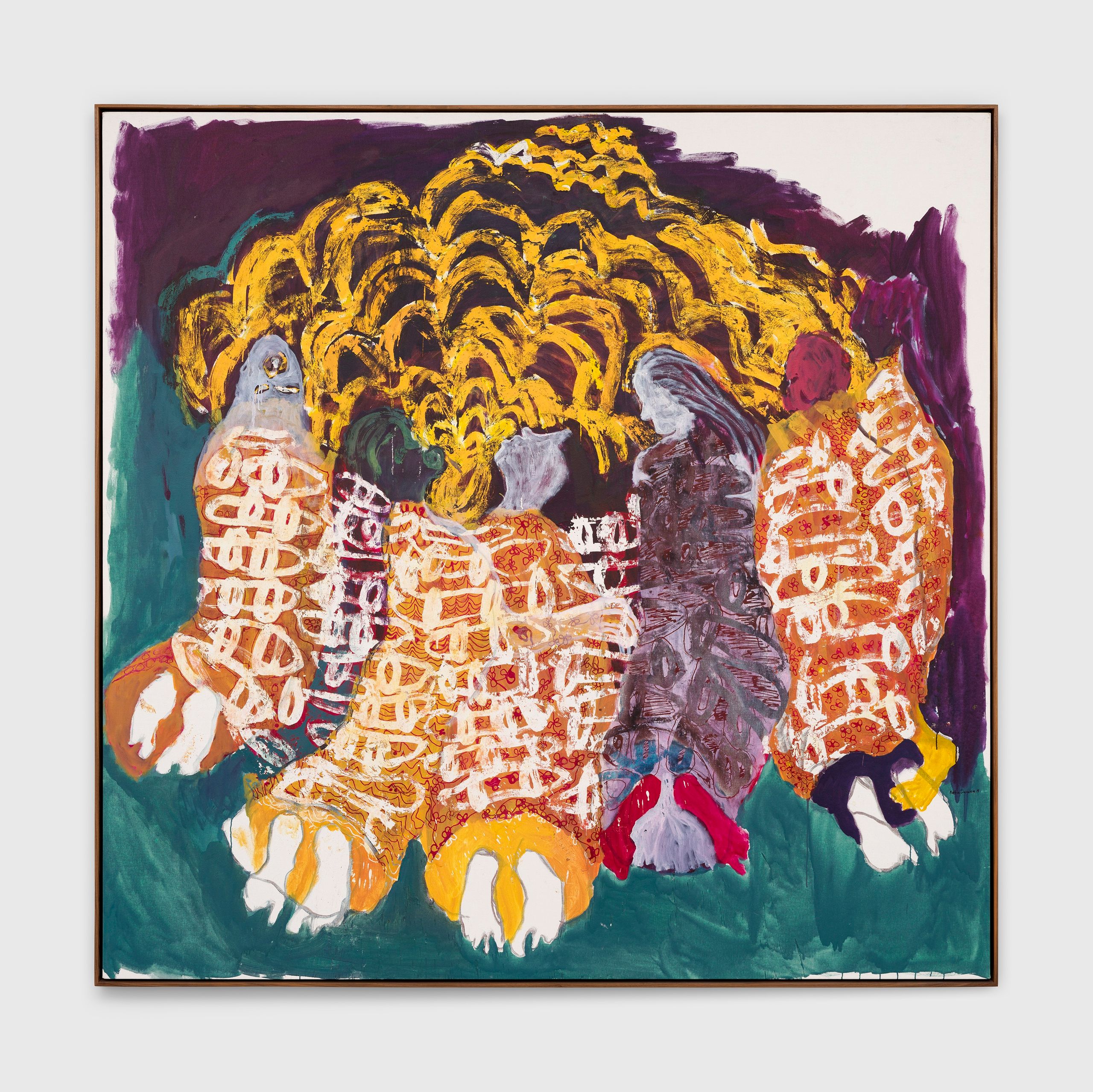 Abstract painting featuring five stylized figures in orange and purple, with textured bodies, under a large wavy yellow form, on a dark purple and green background.