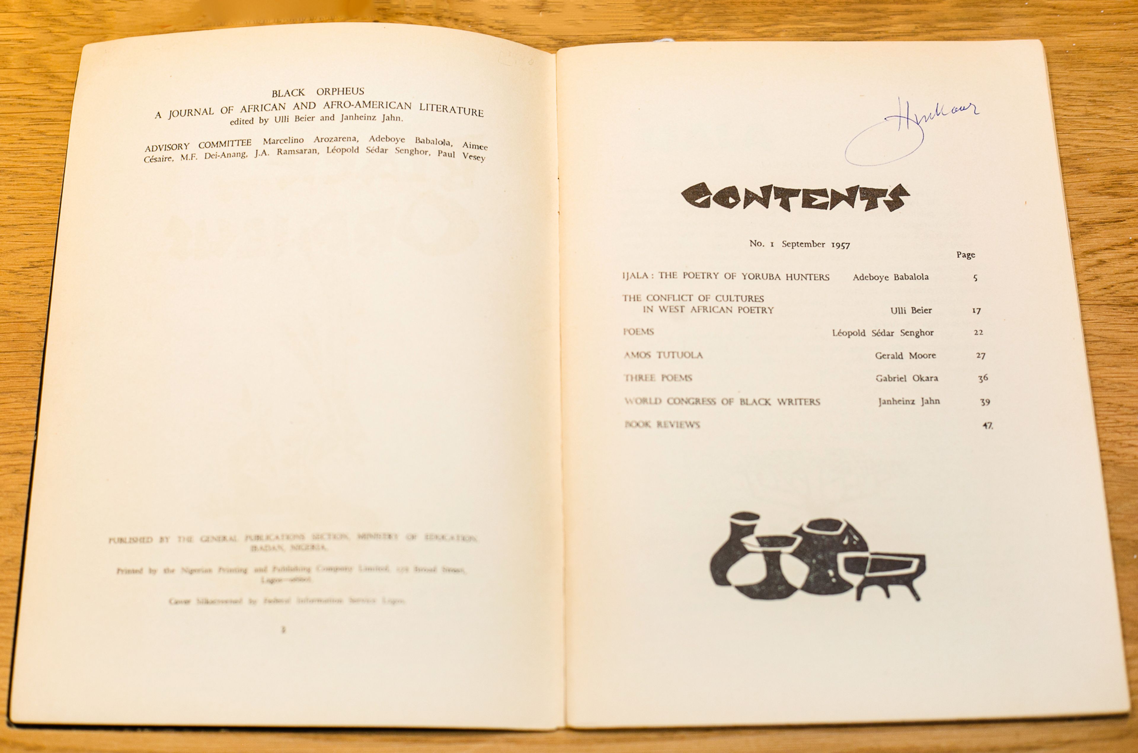 Open journal "Black Orpheus: A Journal of African and Afro-American Literature," No. 1, September 1957, displaying its table of contents with articles by authors like Léopold Sédar Senghor and Ulli Beier, and an illustration of pottery.