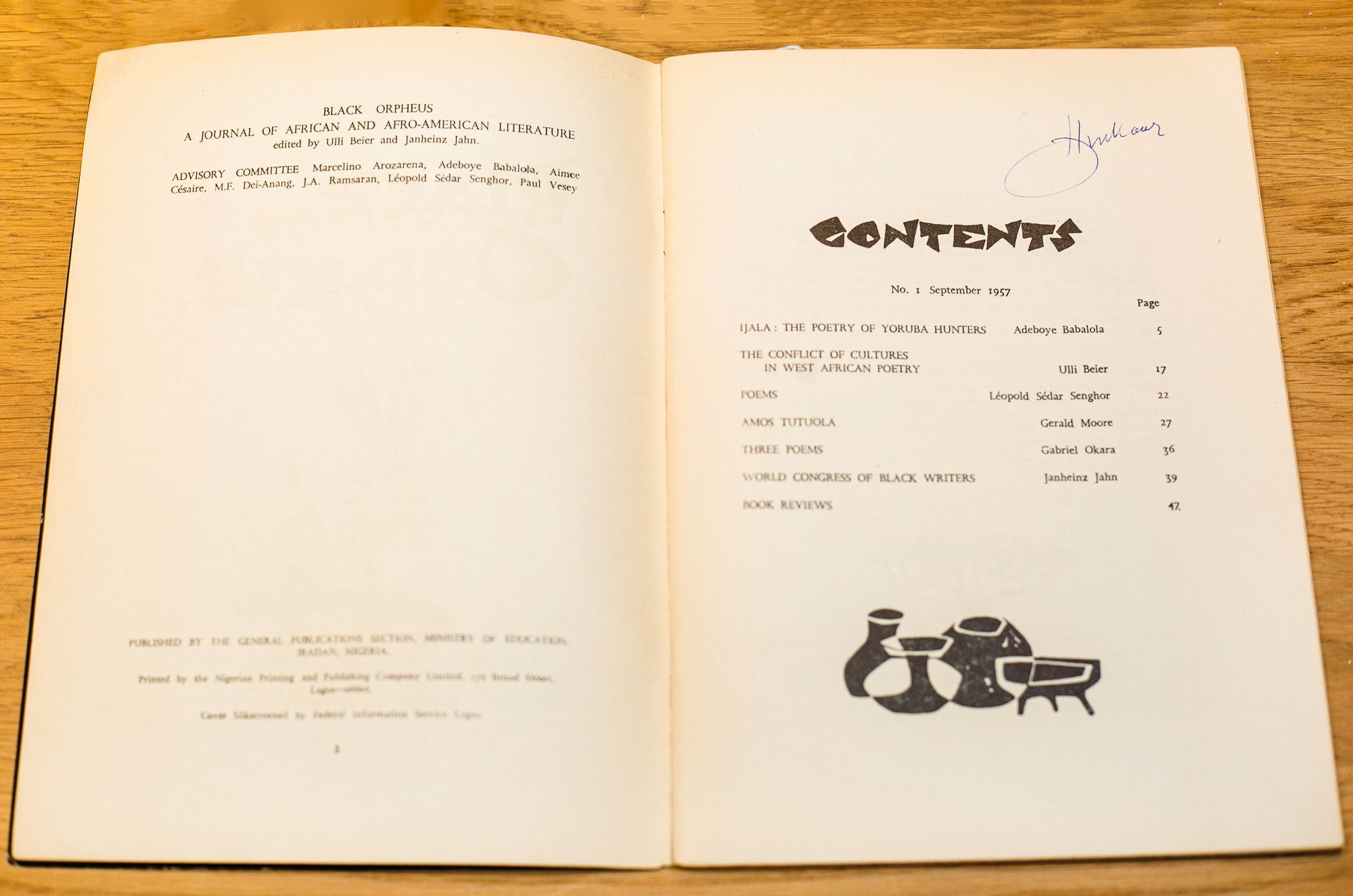 Open journal "Black Orpheus: A Journal of African and Afro-American Literature," No. 1, September 1957, displaying its table of contents with articles by authors like Léopold Sédar Senghor and Ulli Beier, and an illustration of pottery.
