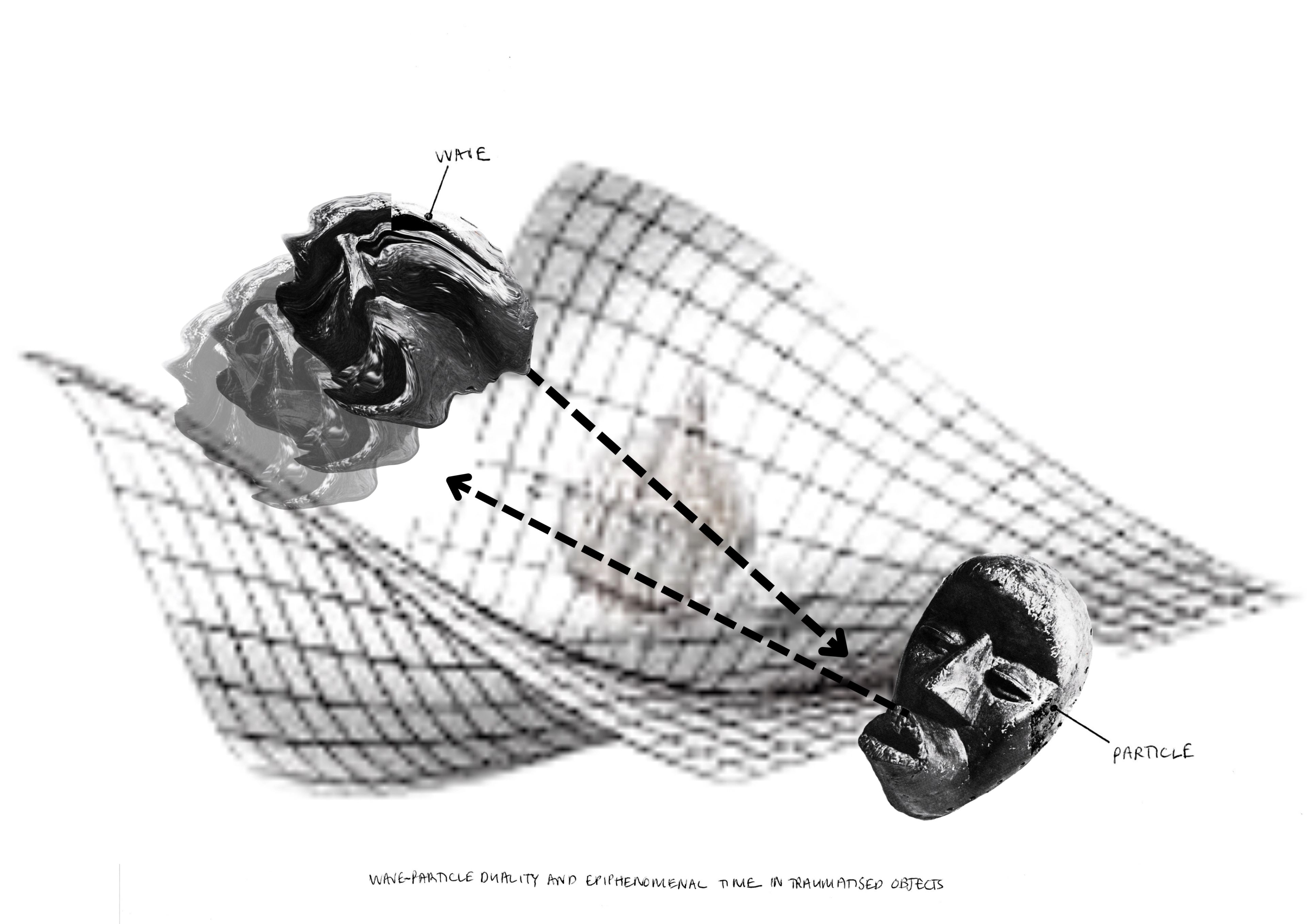 Conceptual diagram illustrating wave-particle duality with a dark wavy form labeled WAVE and a dark mask labeled PARTICLE on a warped grid, connected by arrows.