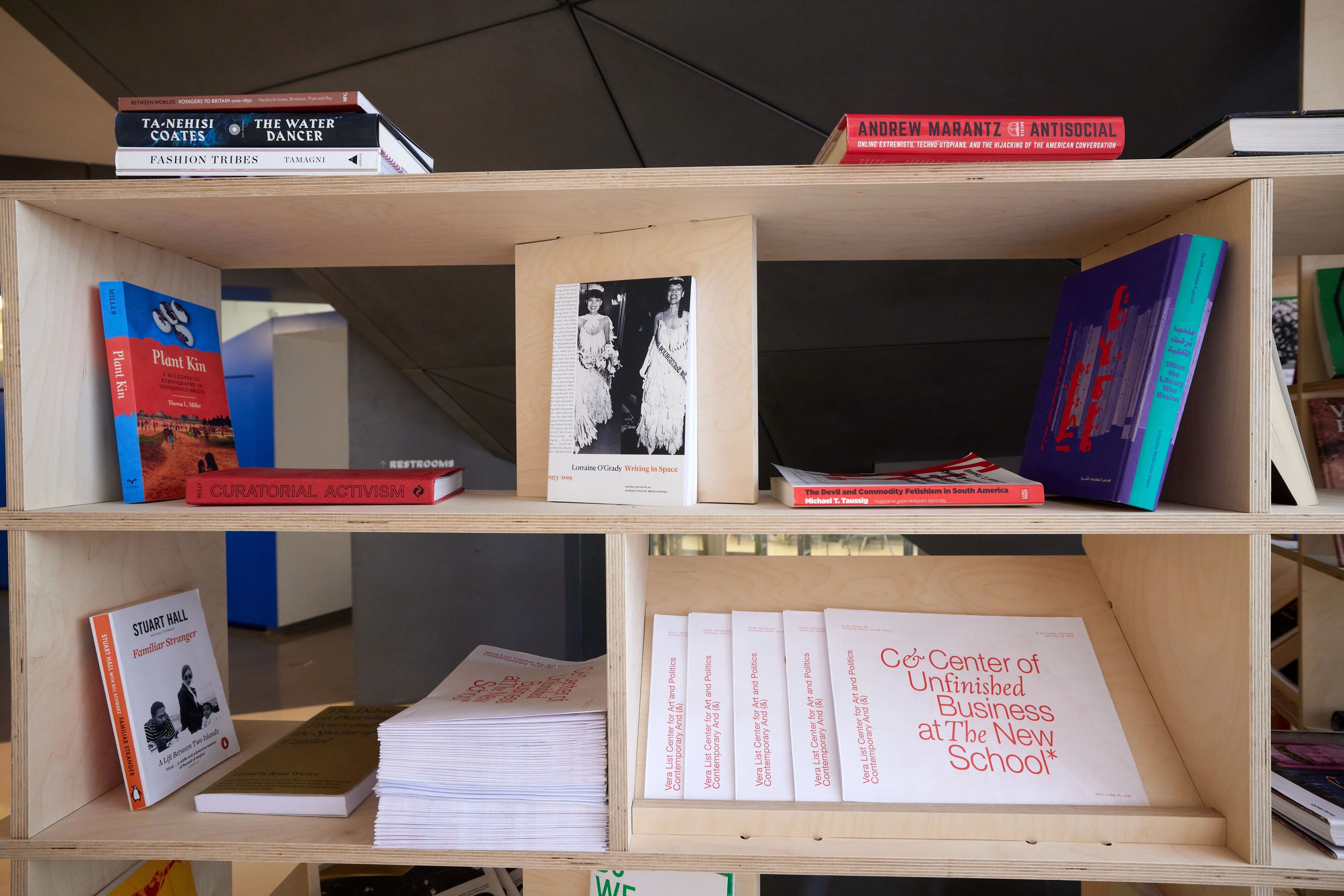 A light wooden bookshelf displaying various books and pamphlets, including titles like "The Water Dancer," "Antisocial," "Curatorial Activism," and "Co-Center of Unfinished Business at The New School."