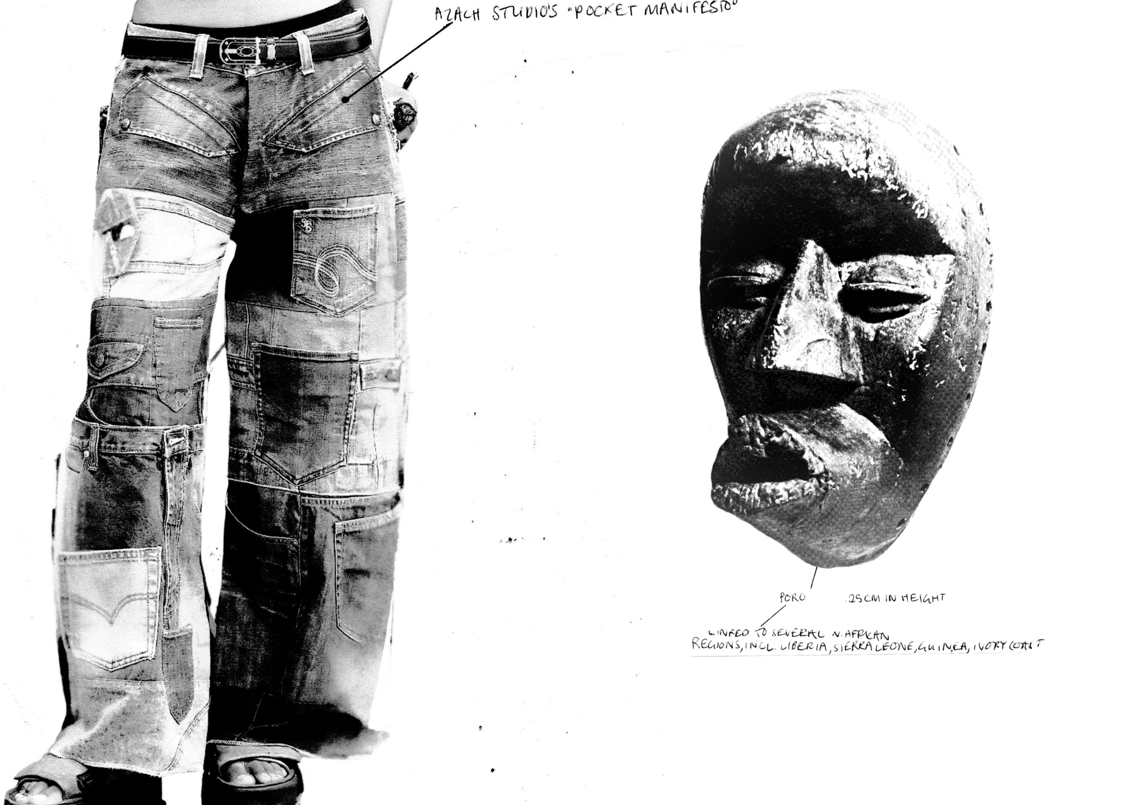 A black and white image featuring a person wearing heavily patched denim jeans and a dark, textured mask with abstract features.