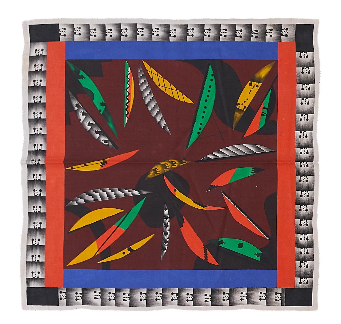 He initially envisioned some of his designs as being printed as bathing towels, curtains, tablecloths, bed sheets or, like in this case, as a silk scarf. Others he considered as independent paintings.
Hamid Zénati, Untitled, undated, fabric paint on textile, 62 x 62 cm. Courtesy Hamid Zénati Estate; Photo: Maximilian Geuter.