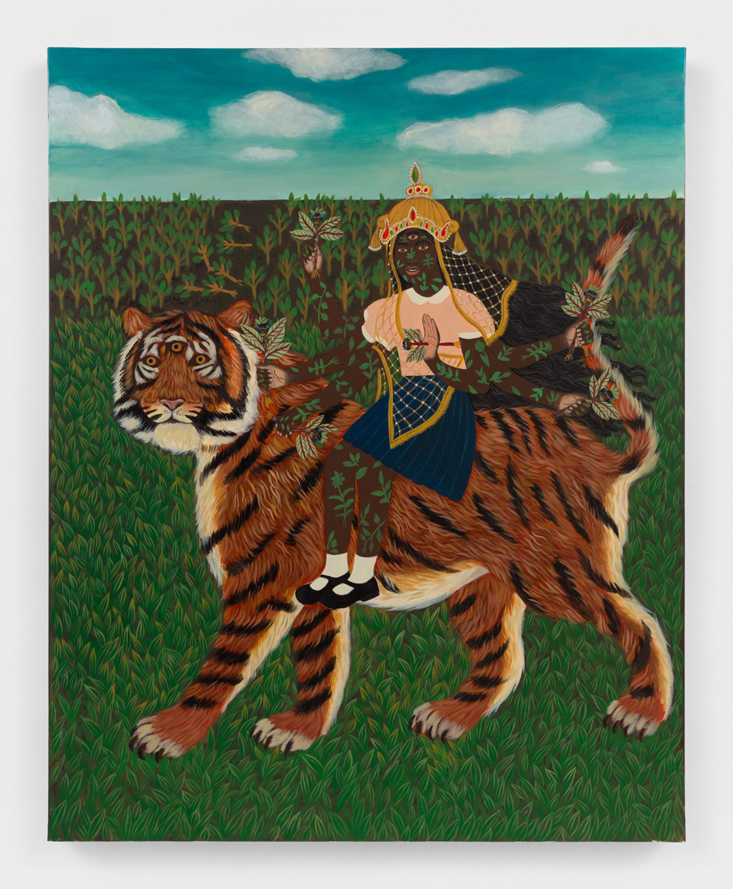 Illustration of a multi-armed, dark-skinned figure covered in leaves, crowned and riding a three-eyed tiger in a grassy field under a blue sky.