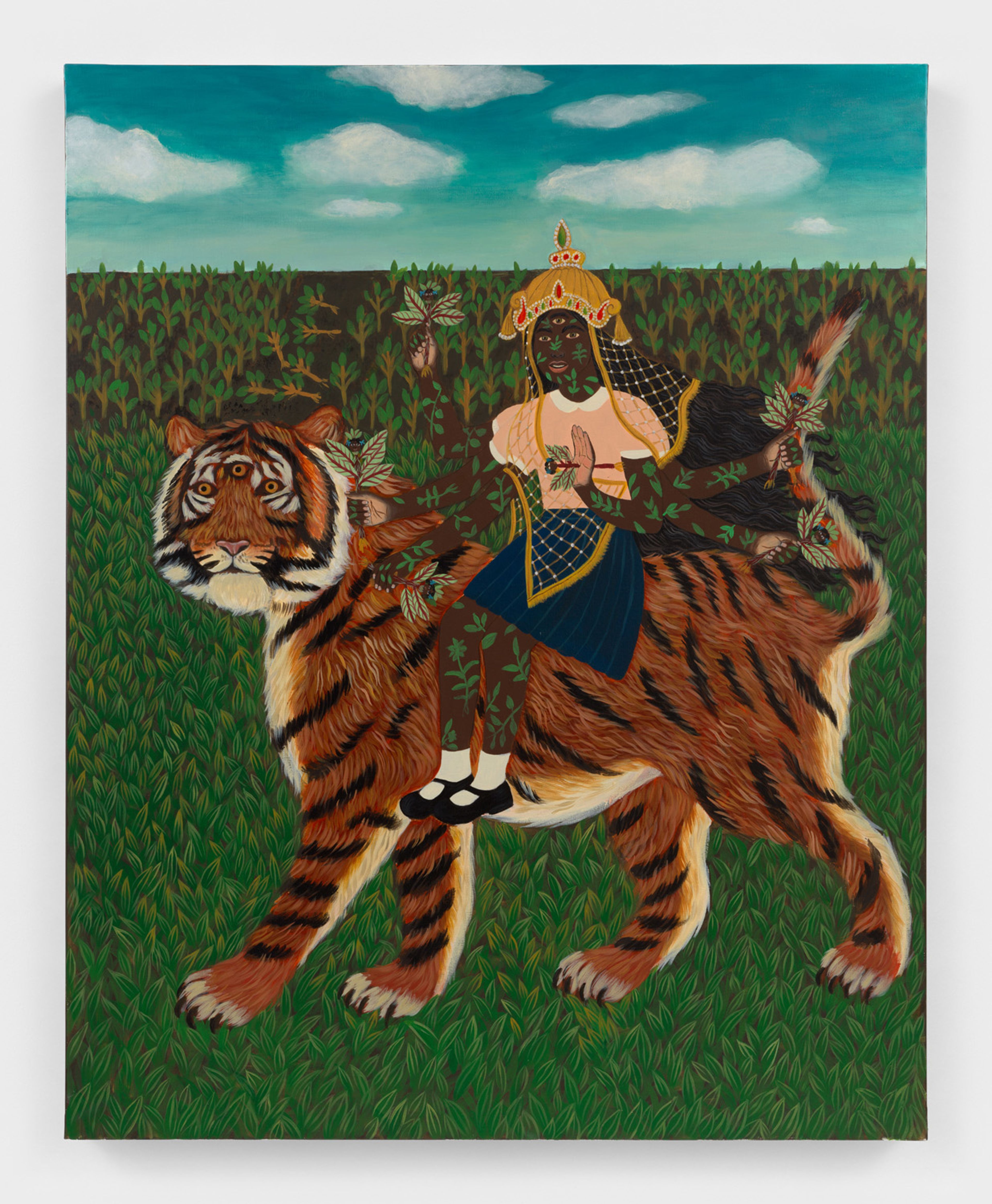 Illustration of a multi-armed, dark-skinned figure covered in leaves, crowned and riding a three-eyed tiger in a grassy field under a blue sky.