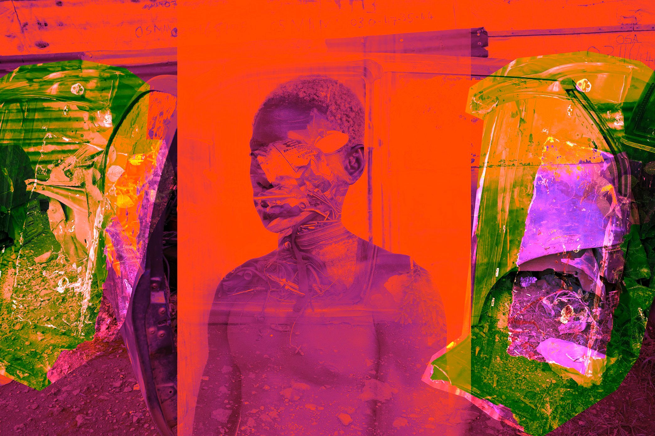 Surreal image of a purple human figure with a fractured face, flanked by abstract green shapes, overlaid on an orange background.