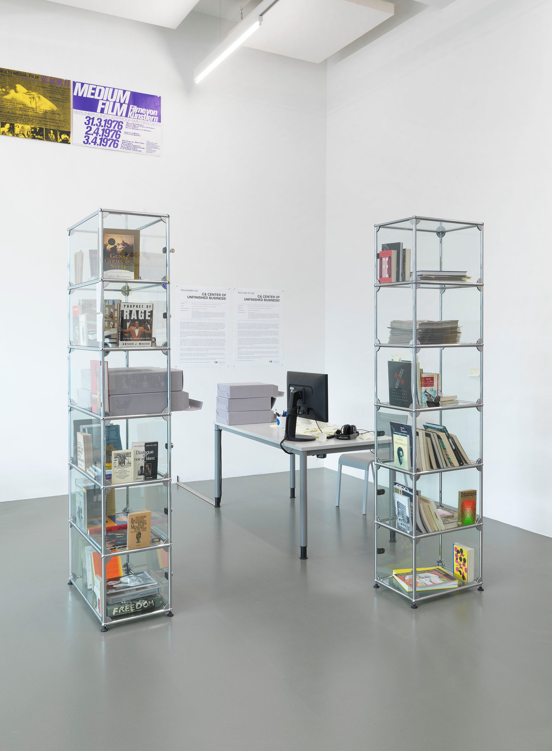 A white room features two tall glass shelves filled with books, a desk with a computer, and various posters on the walls.