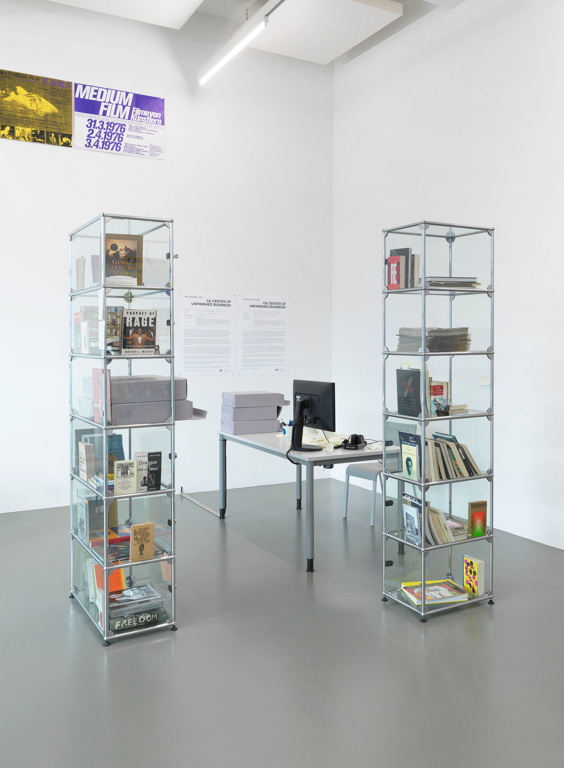A white room features two tall glass shelves filled with books, a desk with a computer, and various posters on the walls.