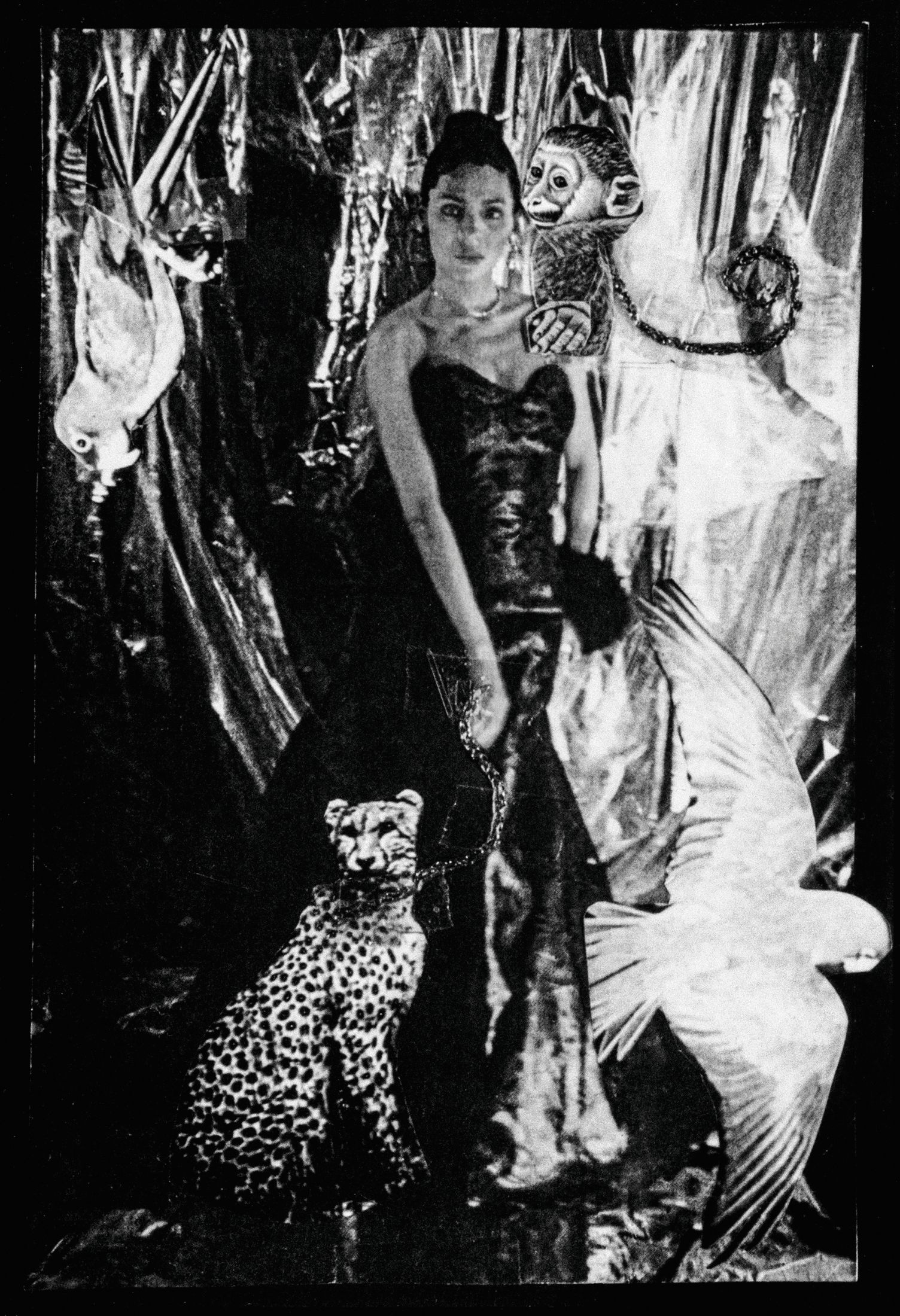 Black and white image of a woman in a strapless gown holding a cheetah on a leash, with a monkey on her shoulder, and two birds in the background.