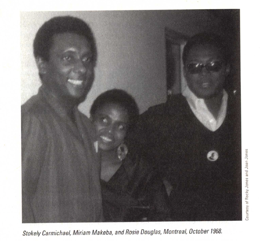 Black and white photo of Stokely Carmichael, Miriam Makeba, and Rosie Douglas smiling.