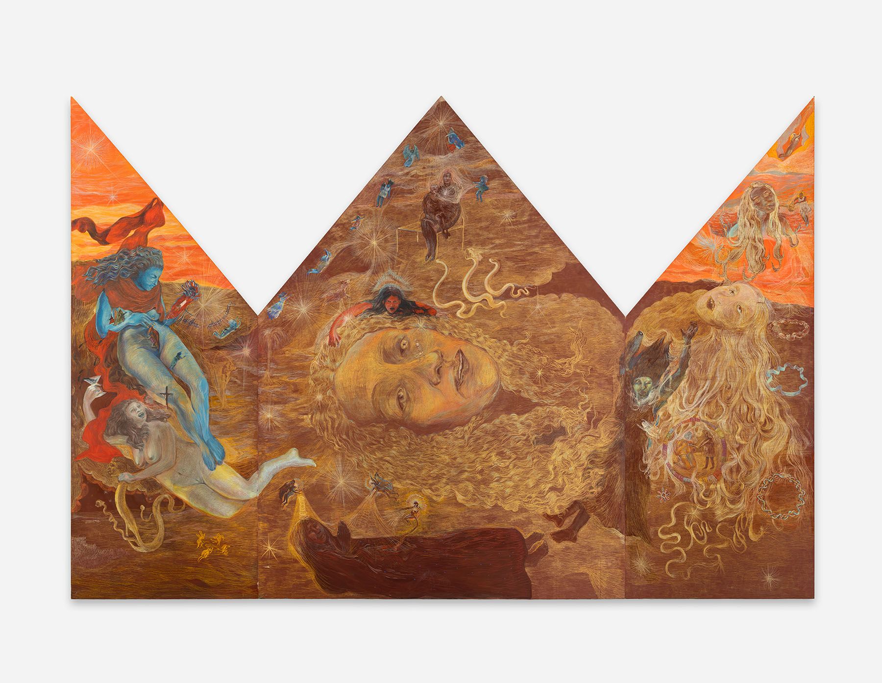 A crown-shaped painting depicting a large central face with golden hair, surrounded by figures and mystical elements in warm, earthy colors.