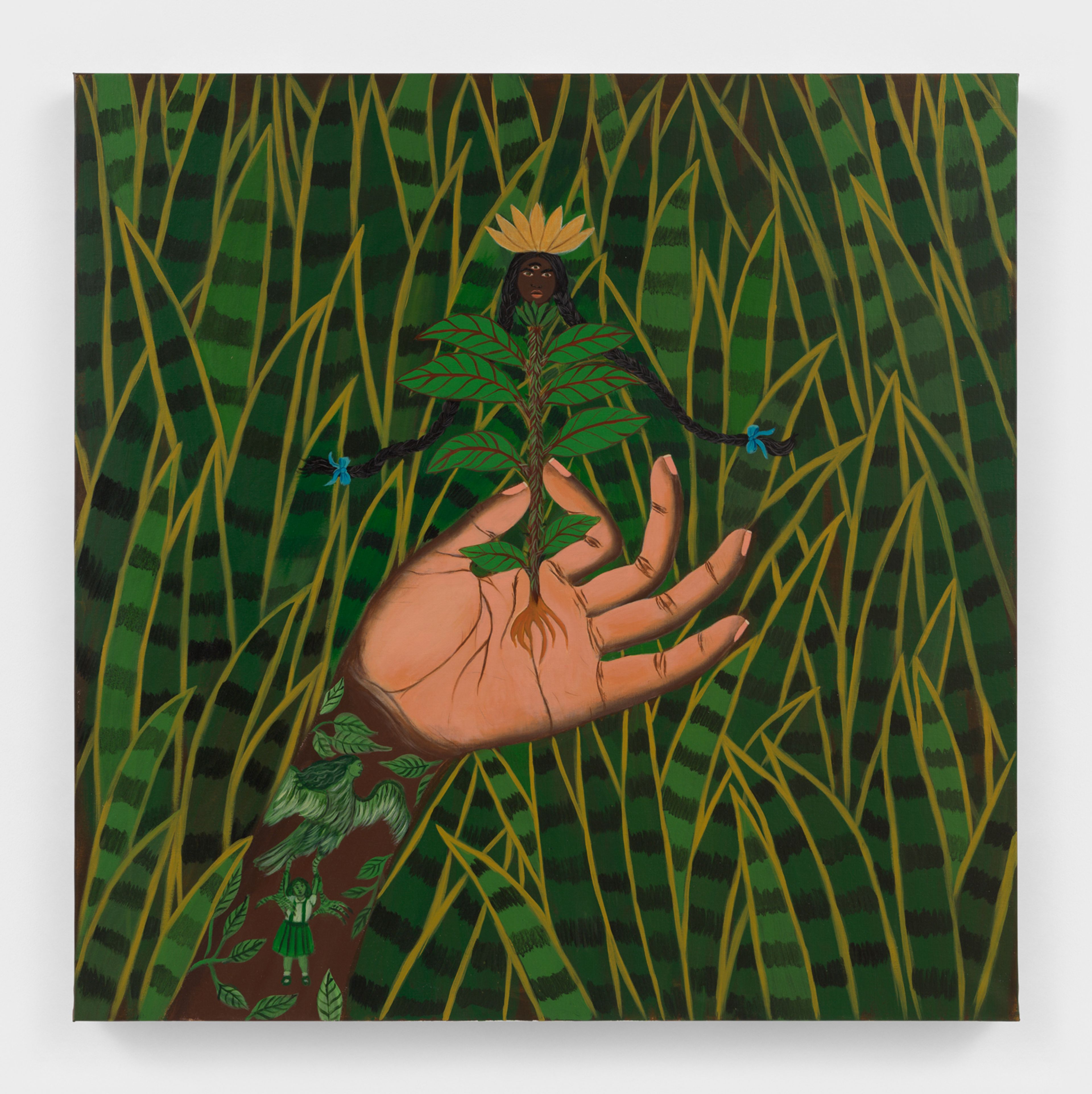 A painting of a large brown hand holding a green plant, from which a dark-skinned woman with a yellow crown and braided hair-arms emerges, set against a dense green foliage background.