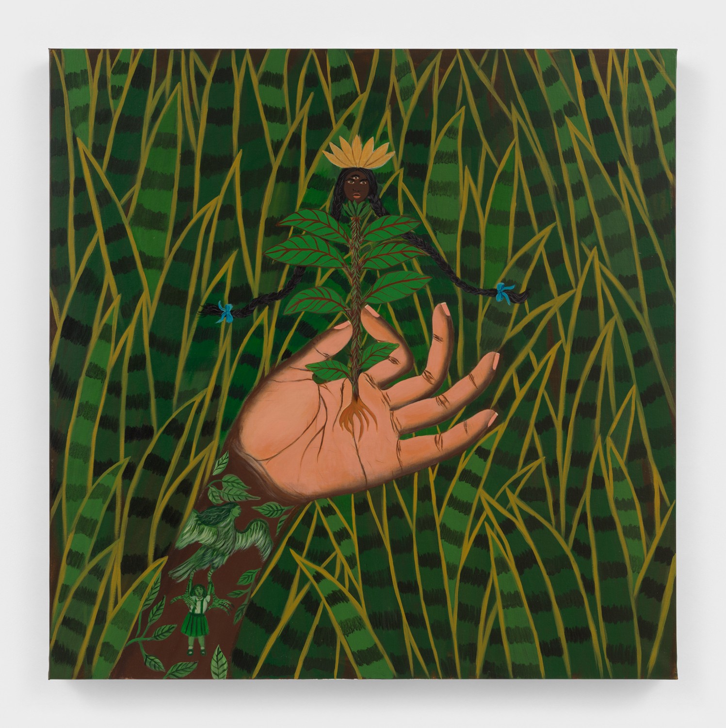 A painting of a large brown hand holding a green plant, from which a dark-skinned woman with a yellow crown and braided hair-arms emerges, set against a dense green foliage background.