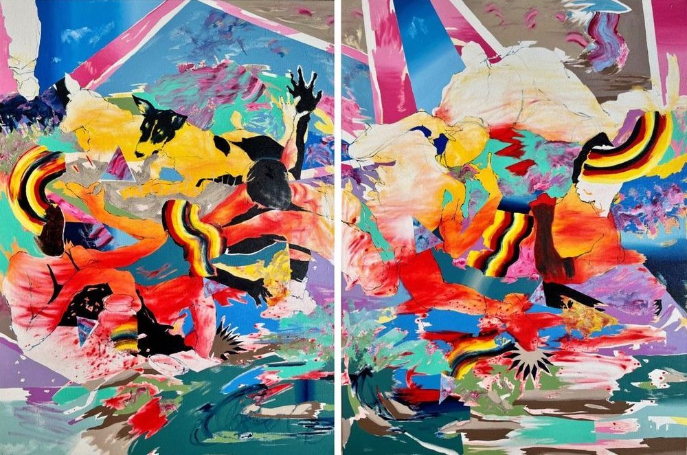 A vibrant diptych painting with a yellow dog, fragmented human figures, and rainbow-striped arcs amidst an energetic blend of abstract shapes and bright colors.