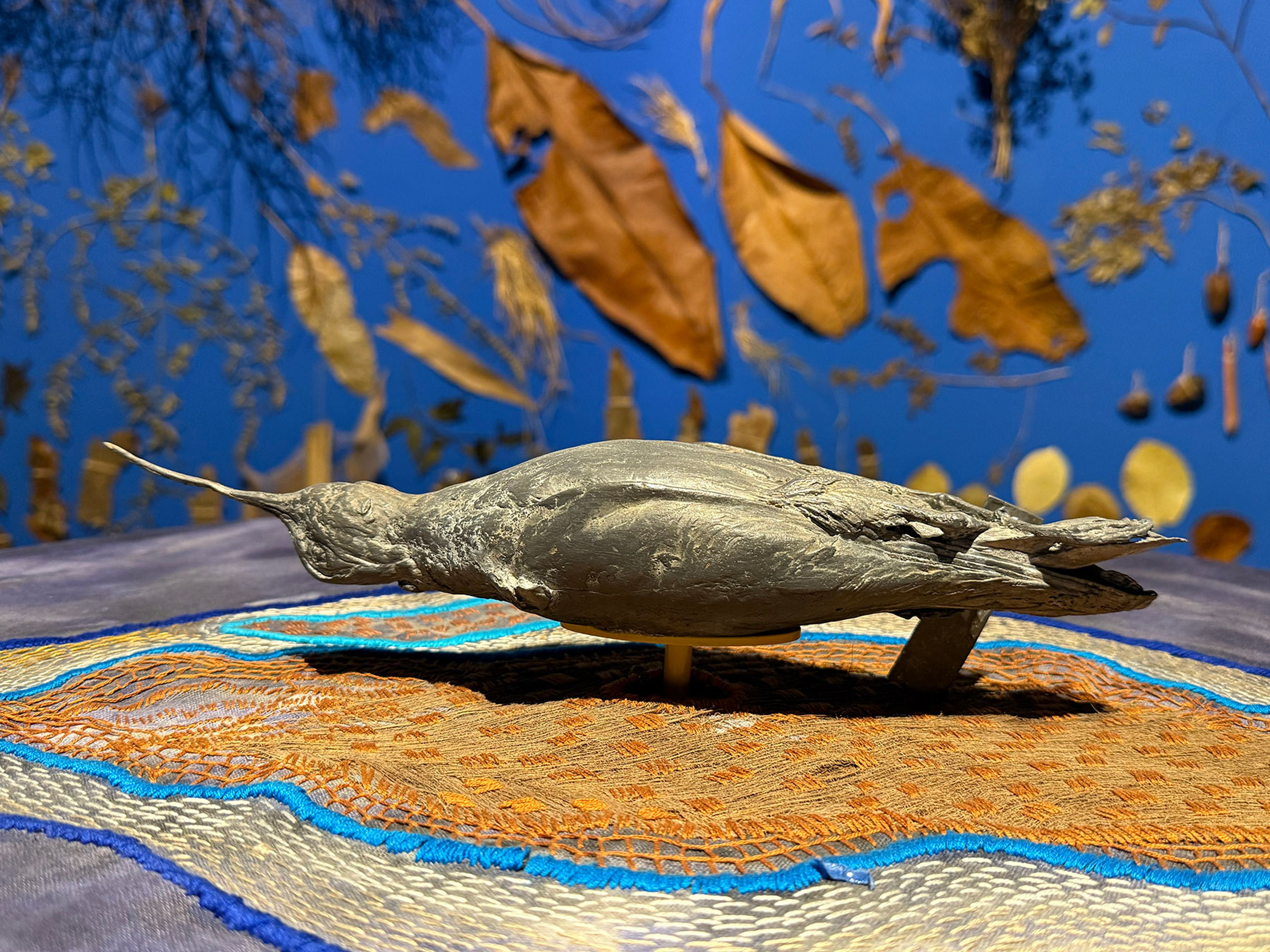 A grey taxidermied bird with a long beak lies on an embroidered cloth, against a blue wall decorated with dried leaves.