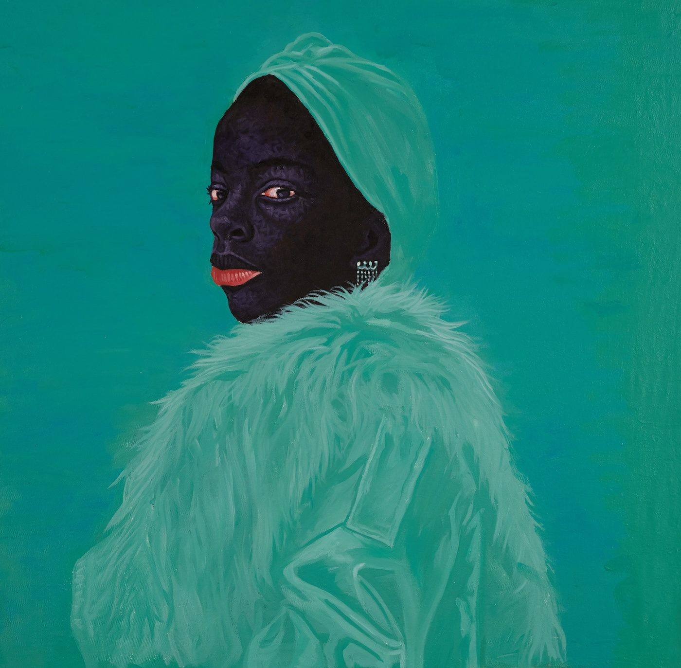Painting of a person with very dark skin, teal turban, fuzzy teal coat, coral lipstick, and a sparkly earring, looking over their shoulder against a teal background.