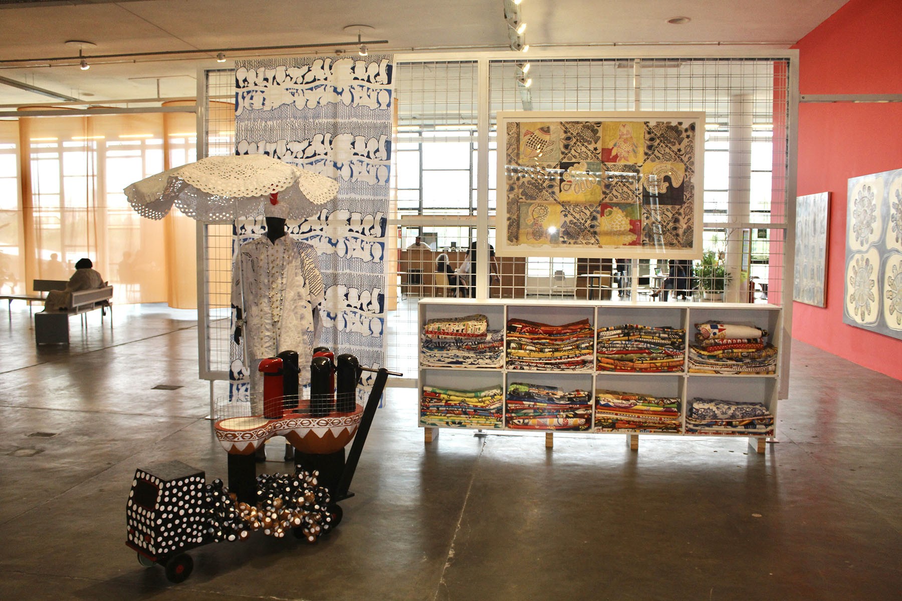 Alberto Pitta, The Atelier of the Artist in Bahia, 2025. Original objects from the artist’s studio, printed fabrics, silkscreen frames, photographs, and manequim with clothing. Commissioned by Fundacão Bienal de São Paulo for the 36th Bienal. Photo: Cristian Baena