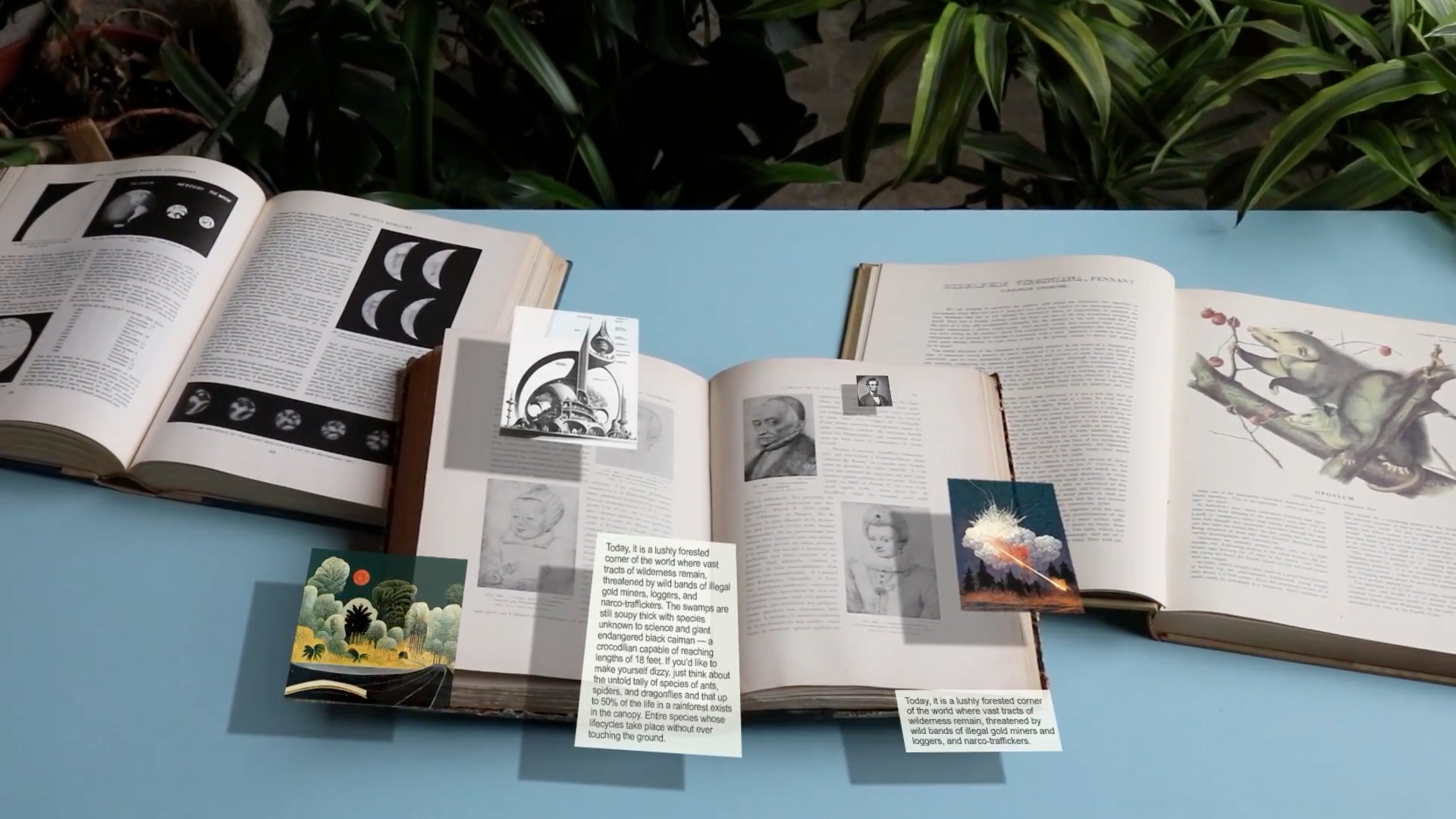 Three open books on a blue surface, with several cards displaying images and text appearing to float above their pages.