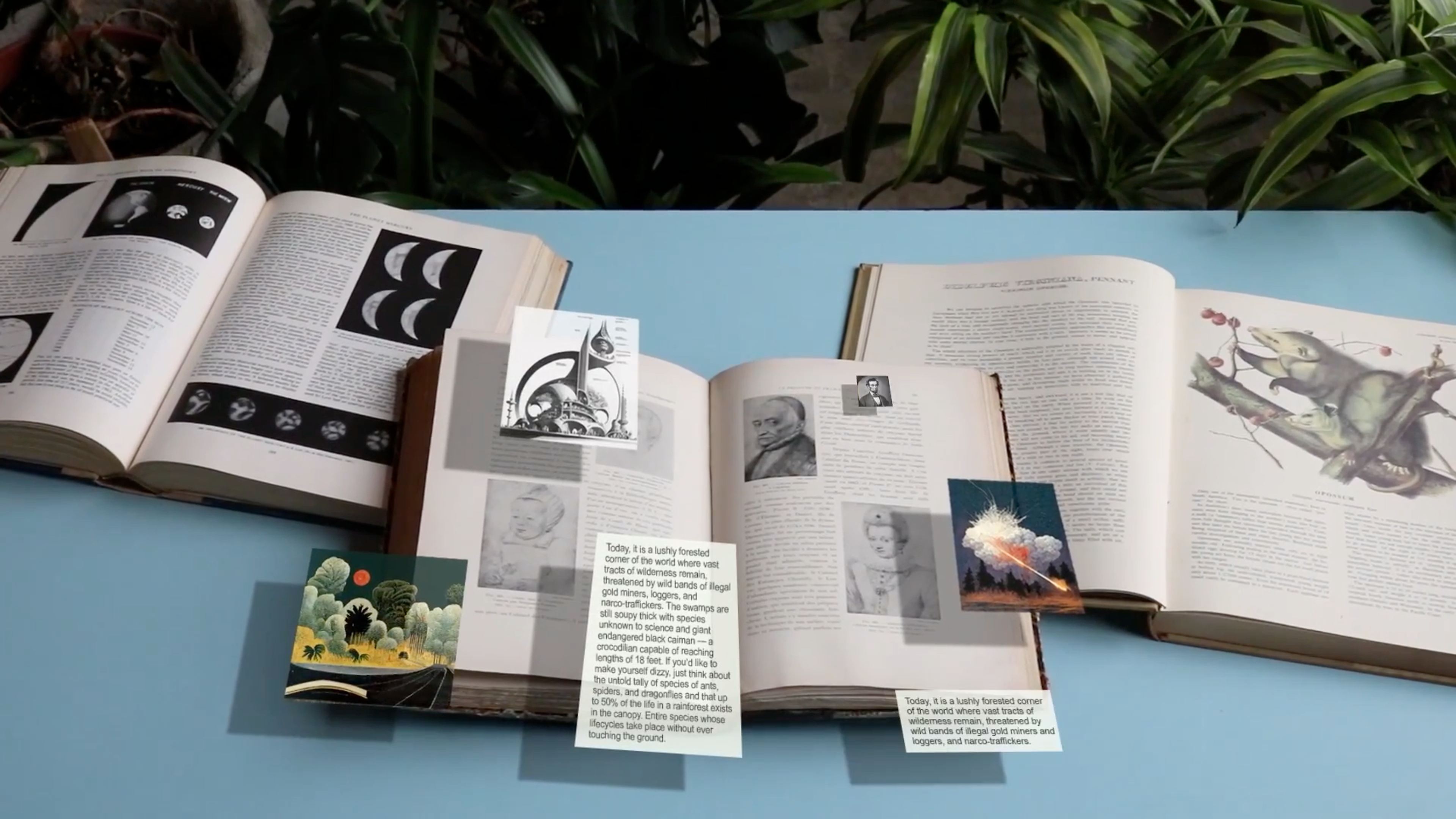 Three open books on a blue surface, with several cards displaying images and text appearing to float above their pages.