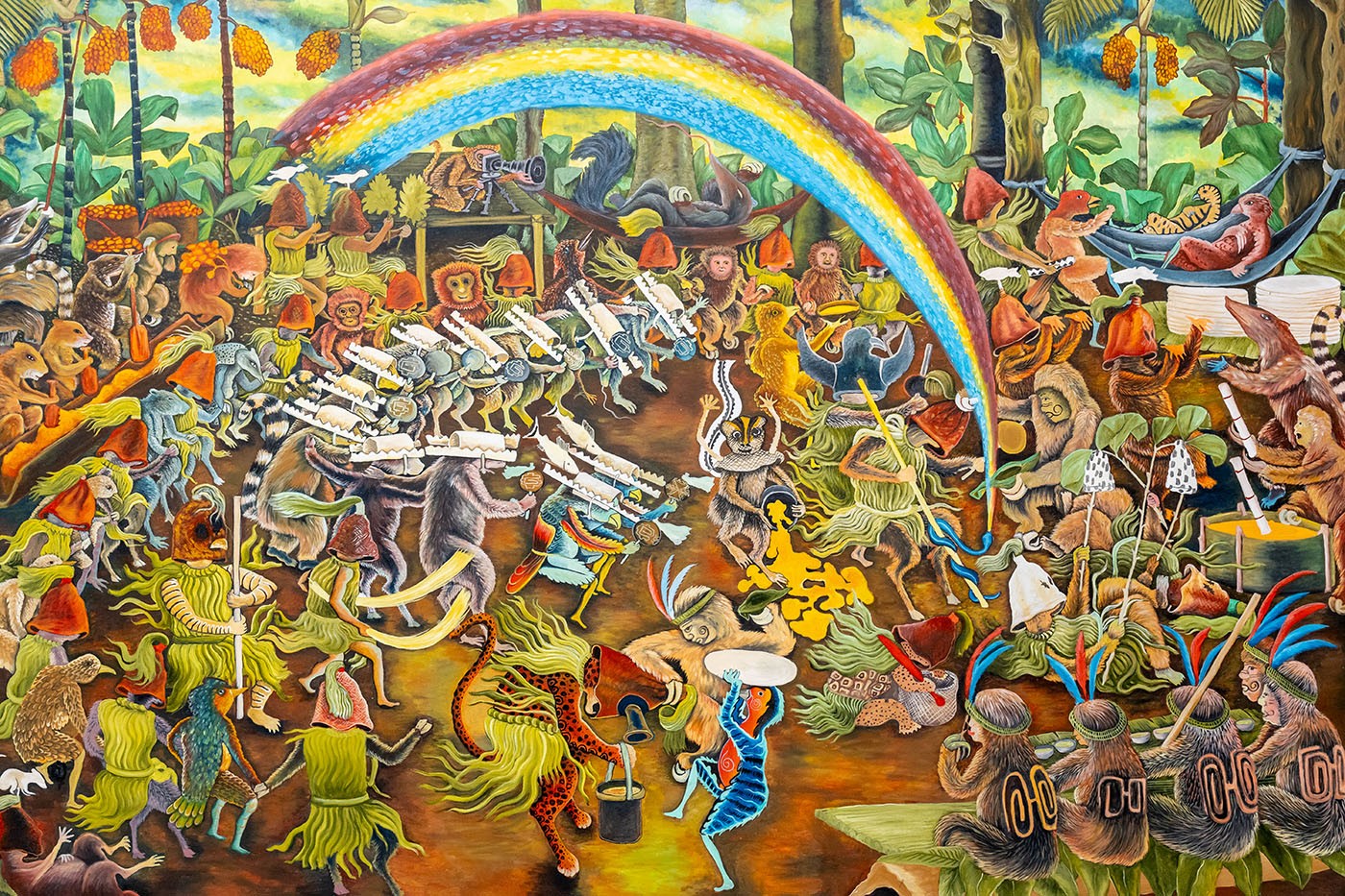 Brus Rubio (Pucaurquillo, Loreto, Peru, b. 1983). Meemeba (Fiesta de chicha del Pijuayo), 2024. Acrylic on linen, 200cm x 149cm. Photo: Ana Dias