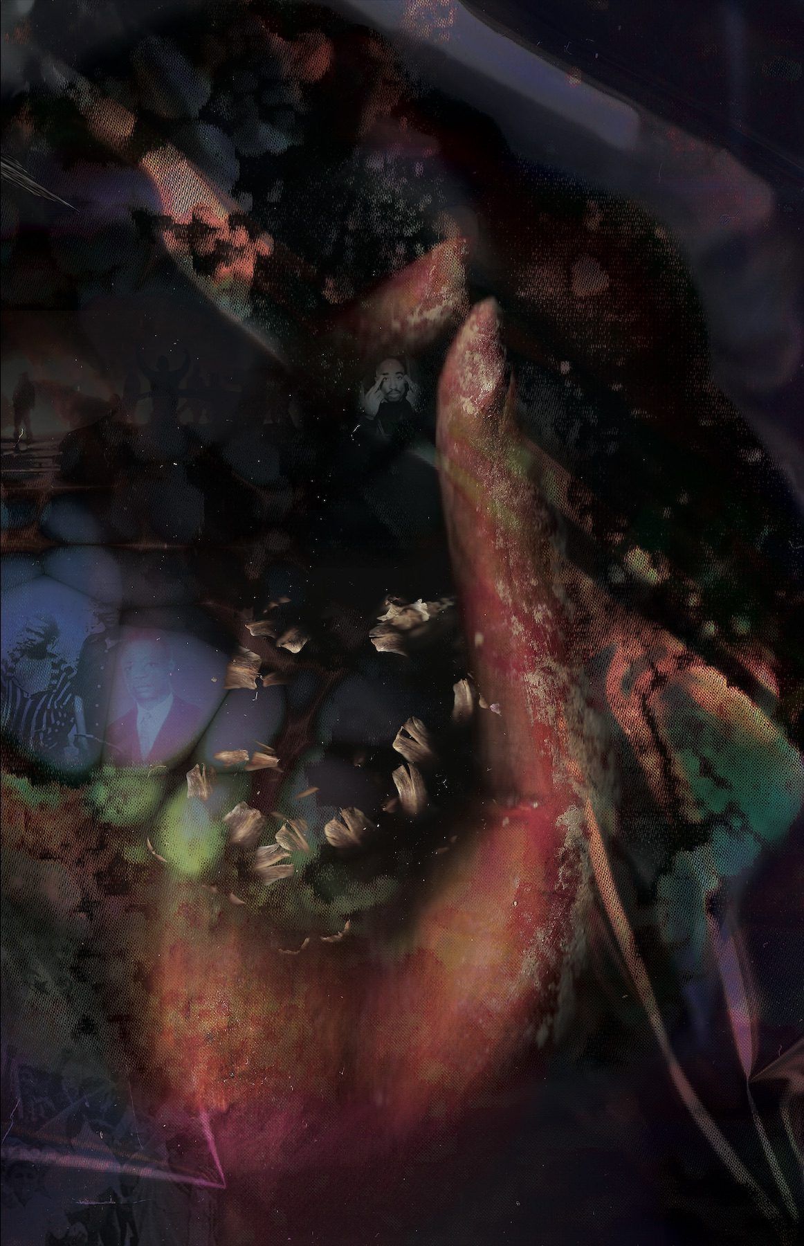 Josèfa Ntjam, Entre mes mains, 2021. Photomontage printed by sublimation on Chromalux 80 x 60 cm