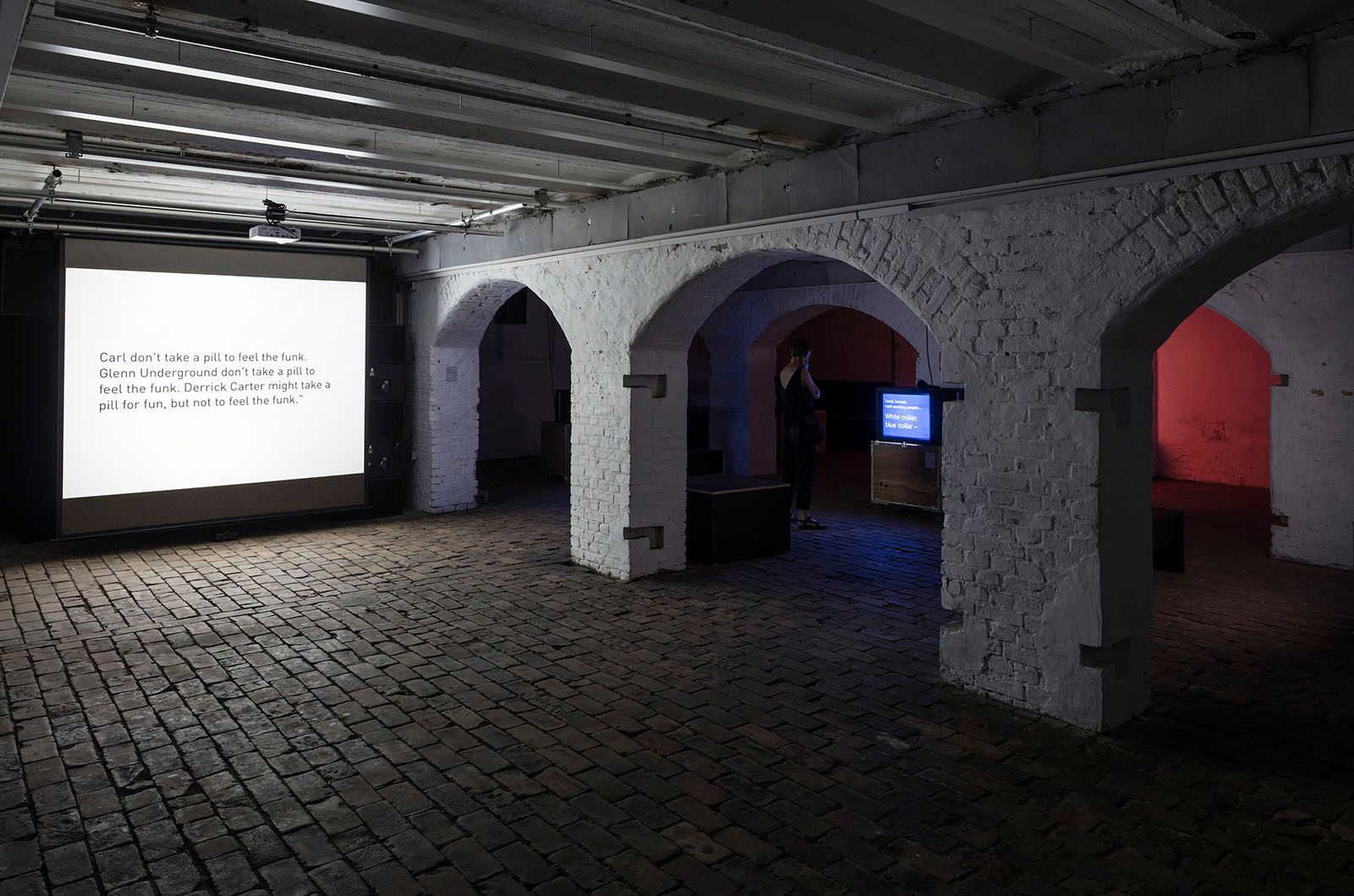 Tony Cokes, installation view, 10. Berlin Biennale, ZK/U Zentrum für Kunst und Urbanistik, Berlin, courtesy Tony Cokes; Greene Naftali, New York; Electronic Arts Intermix, New York, photo: Timo Ohler.
