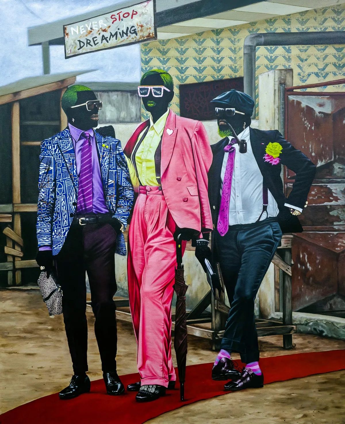 A vibrant painting depicting three stylized figures with dark skin, green hair, and sunglasses, wearing colorful, fashionable suits, standing on a red carpet beneath a sign that reads "NEVER STOP DREAMING".