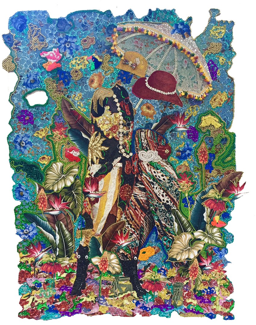 Ebony G. Patterson, A View In, 2015. Mixed media jacquard woven tapestry with hand cut elements. Courtesy Jenkins Johnson Collection.