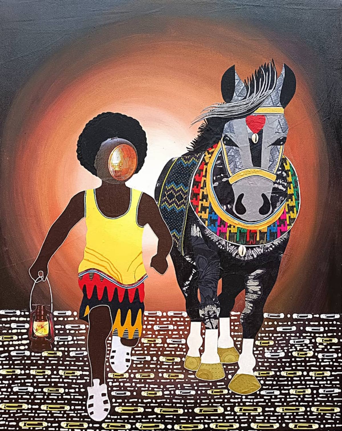 An artistic image of a dark-skinned person with a lightbulb face and afro, carrying a lantern, running alongside an intricately patterned black horse, set against a warm orange glow.