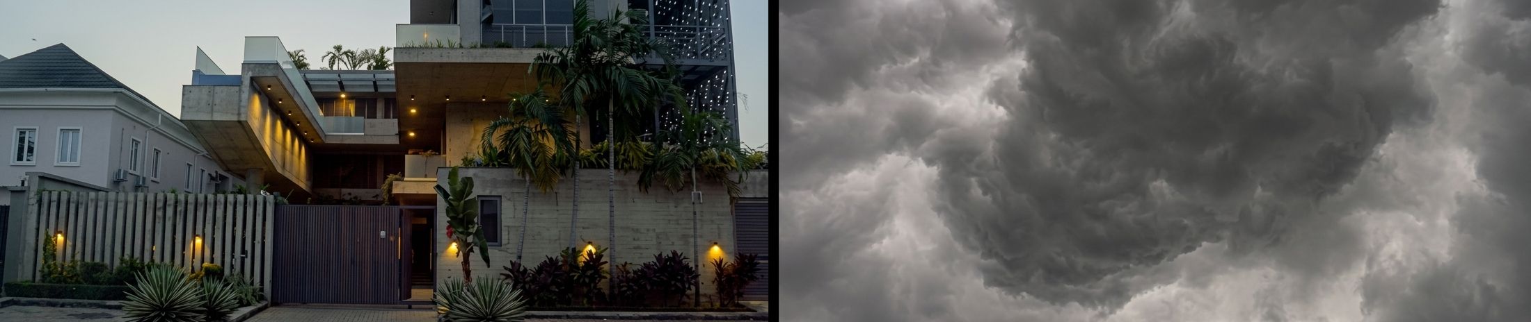 Diptych showing modern architecture and greenery on the left, and dark storm clouds on the right.